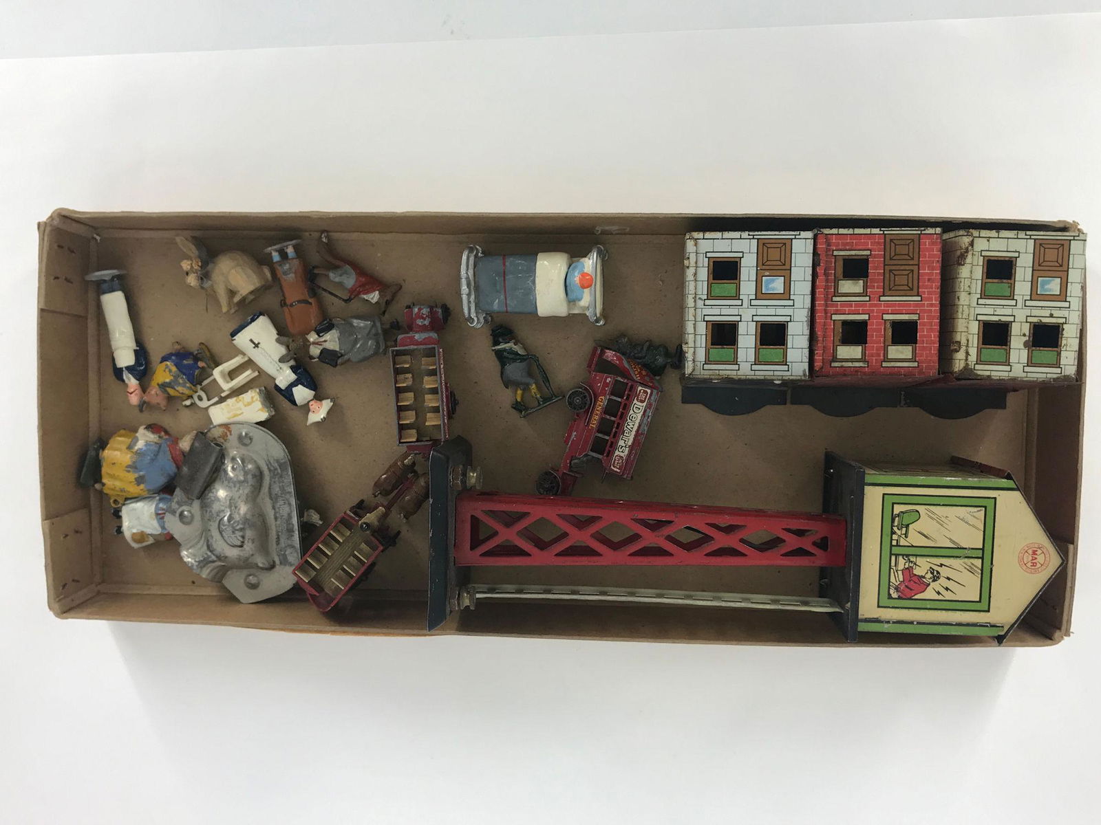 BOX LOT VINTAGE TOY MINIATURES INCLUDING A TIN "MAR" (1 of 1)