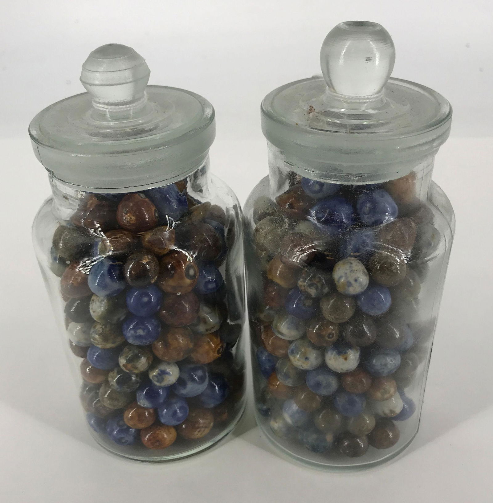 TWO SMALL APOTHECARY JARS WITH HANDMADE MARBLES, MOSTLY (1 of 1)
