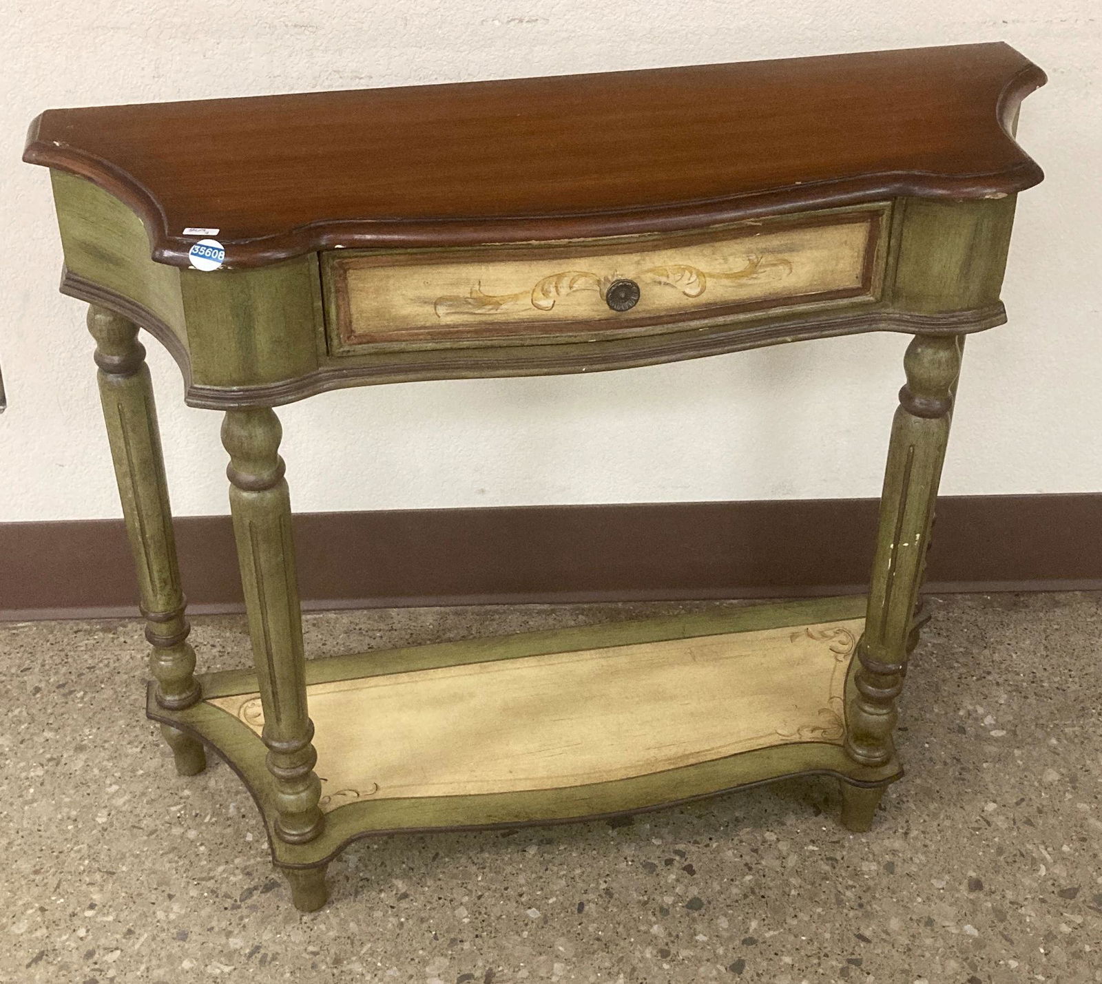 2 TIERED HALL STAND W OLIVE COLORING AND 1 DRAWER 37" X (1 of 1)