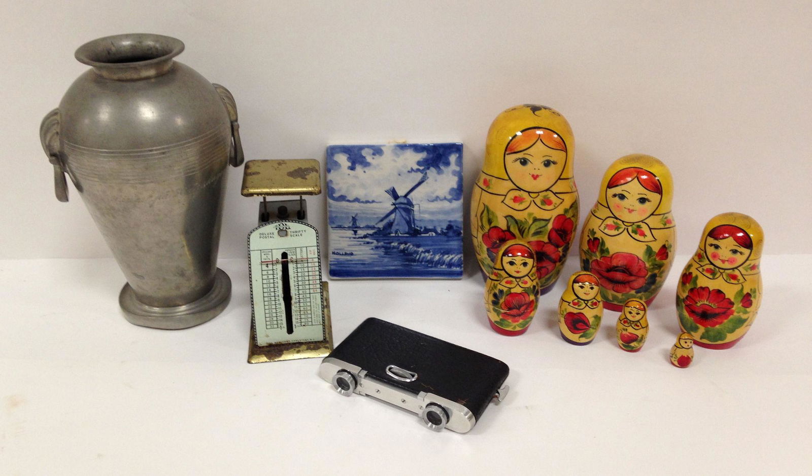 BOX LOT INCLUDING MATRISHKA DOLLS AND PEWTER VASE (1 of 1)
