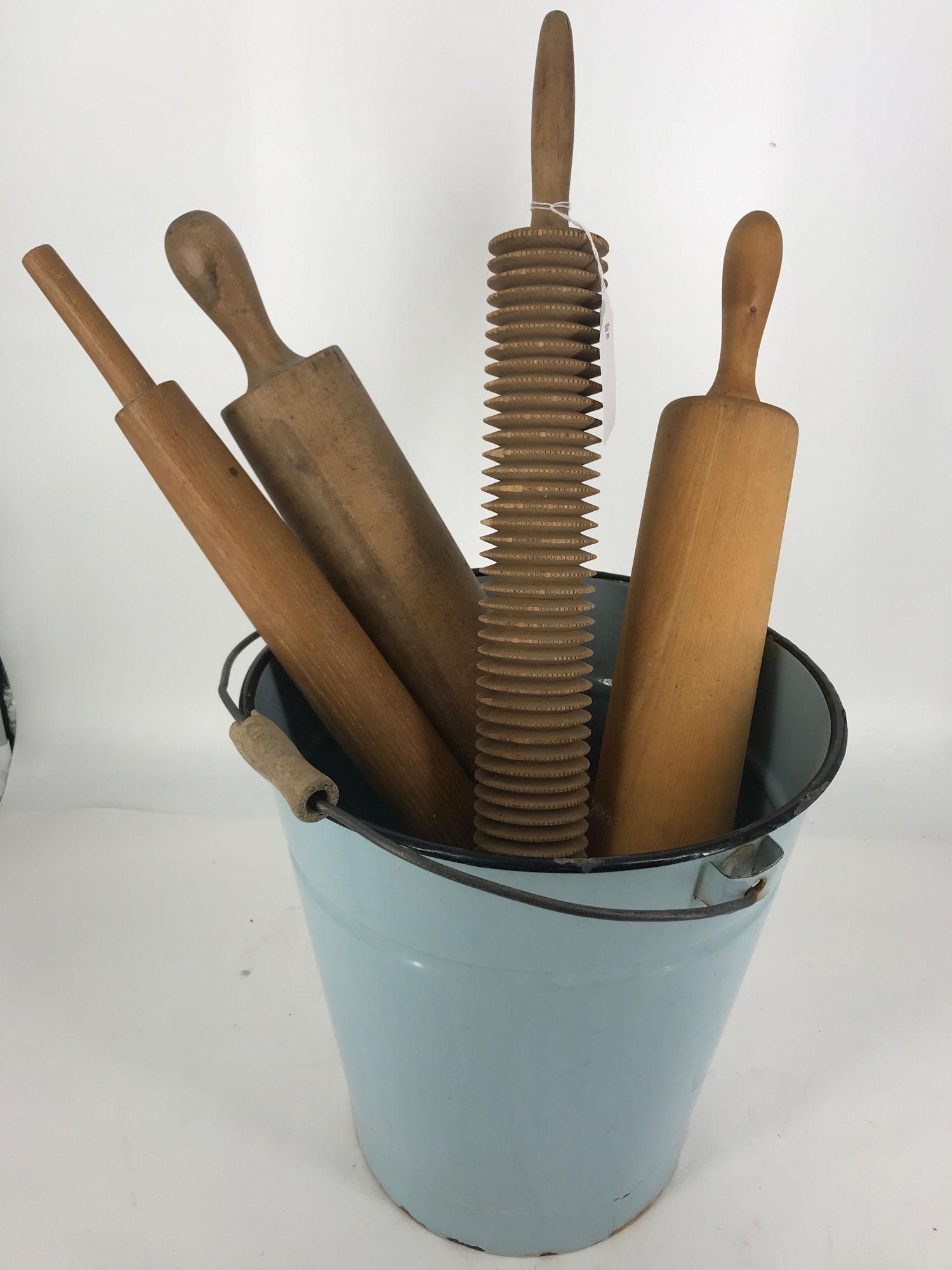 11Â¾" AQUA TIN PAIL WITH VINTAGE WOODEN ROLLING PINS (1 of 2)