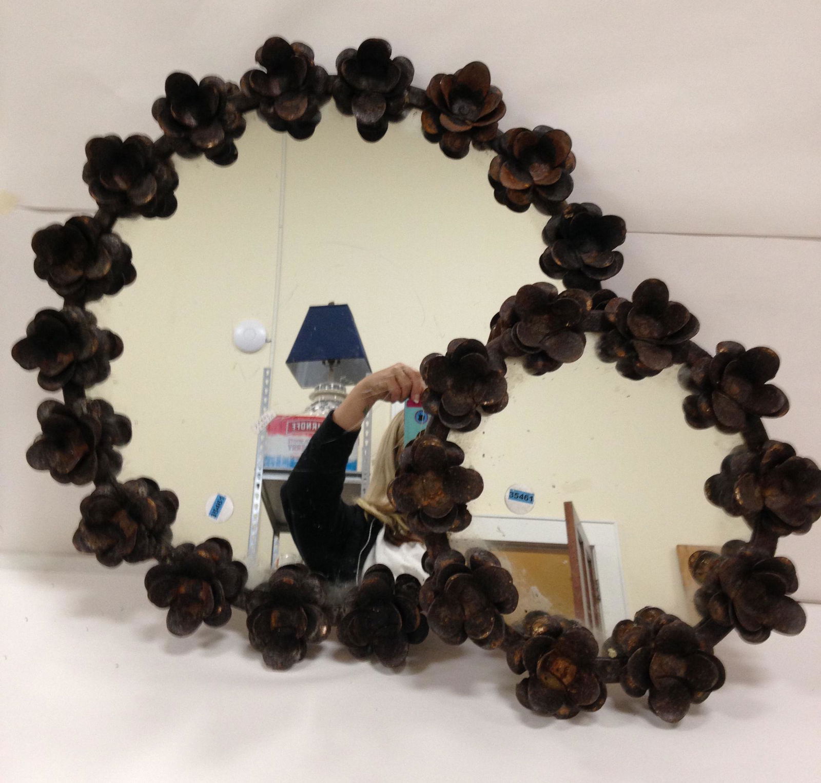 2 ROUND MIRRORS WITH HEAVY METAL FLOWERS   14" AND 22" (1 of 1)