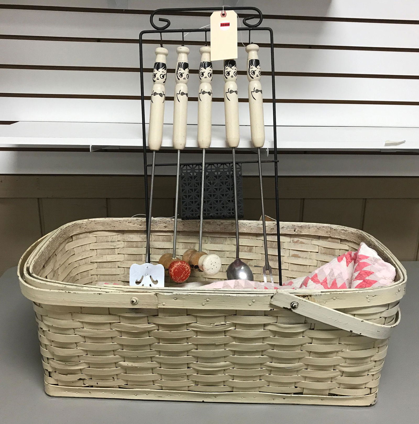 BASKET WITH PRINTED QUILT, AND MID-CENTURY GRILL TOOL (1 of 2)