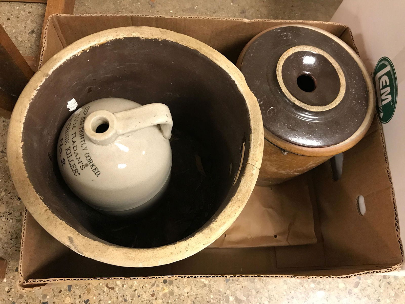 BOX LOT STONEWARE INCLUDING 11" JUG "MICROBE KILLER" (1 of 2)