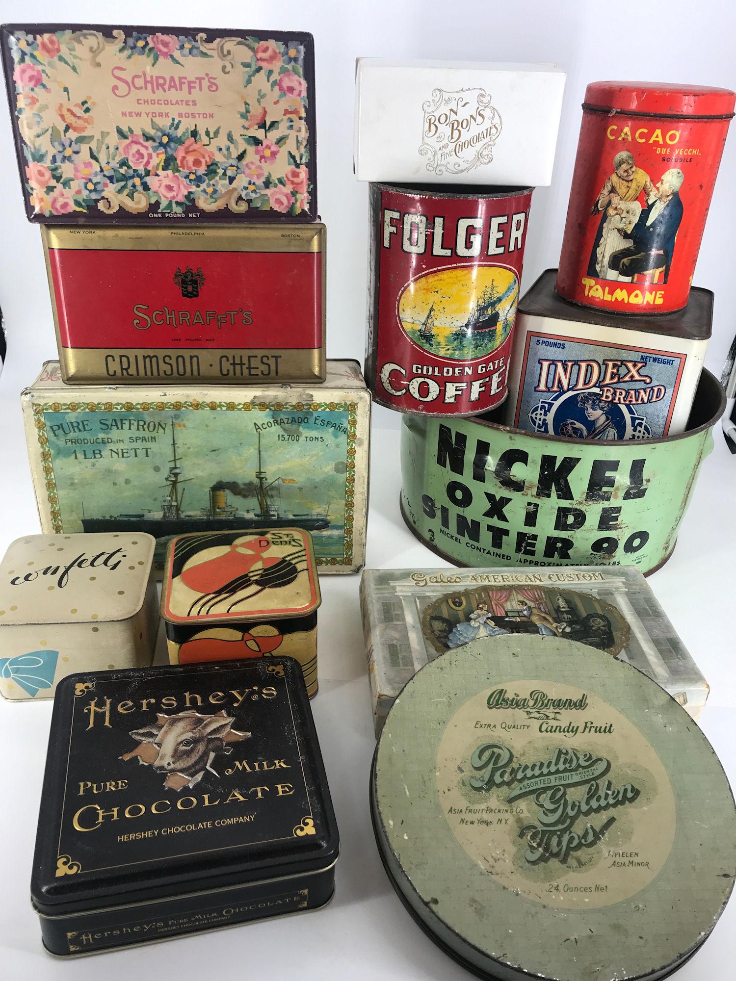 BOX LOT VINTAGE TINS INCLUDING 11Â¾" DIAMETER GREEN (1 of 1)