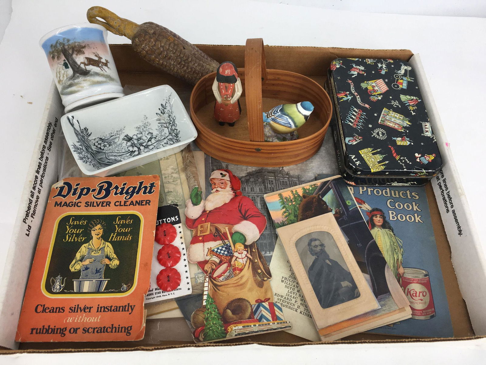 BOX LOT INCLUDING VINTAGE CORN DECOR, EPHEMERA, (1 of 1)