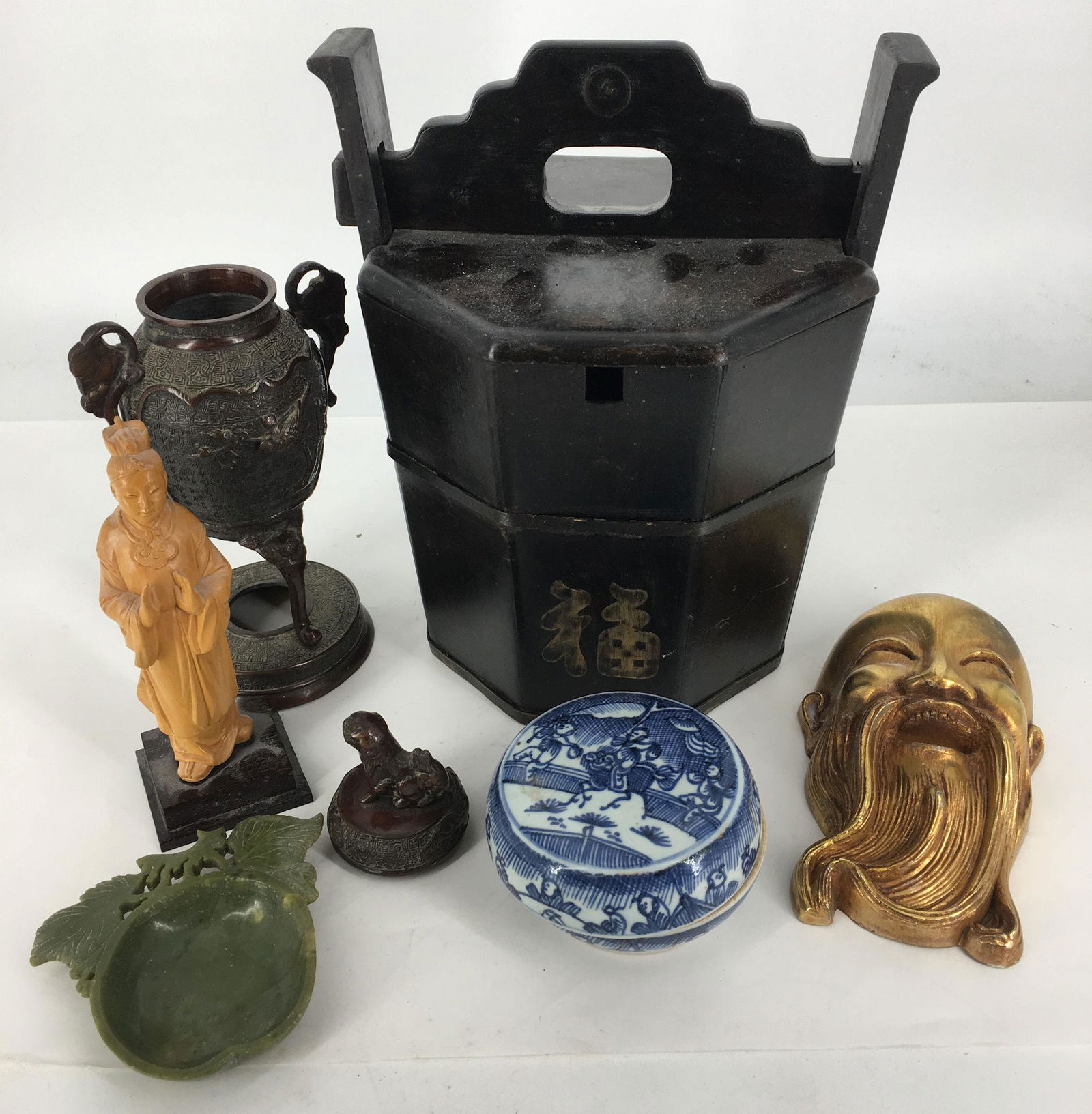 BOX LOT ASIAN DECOR INCLUDING 10Â½" WOODEN BUCKET AND (1 of 1)