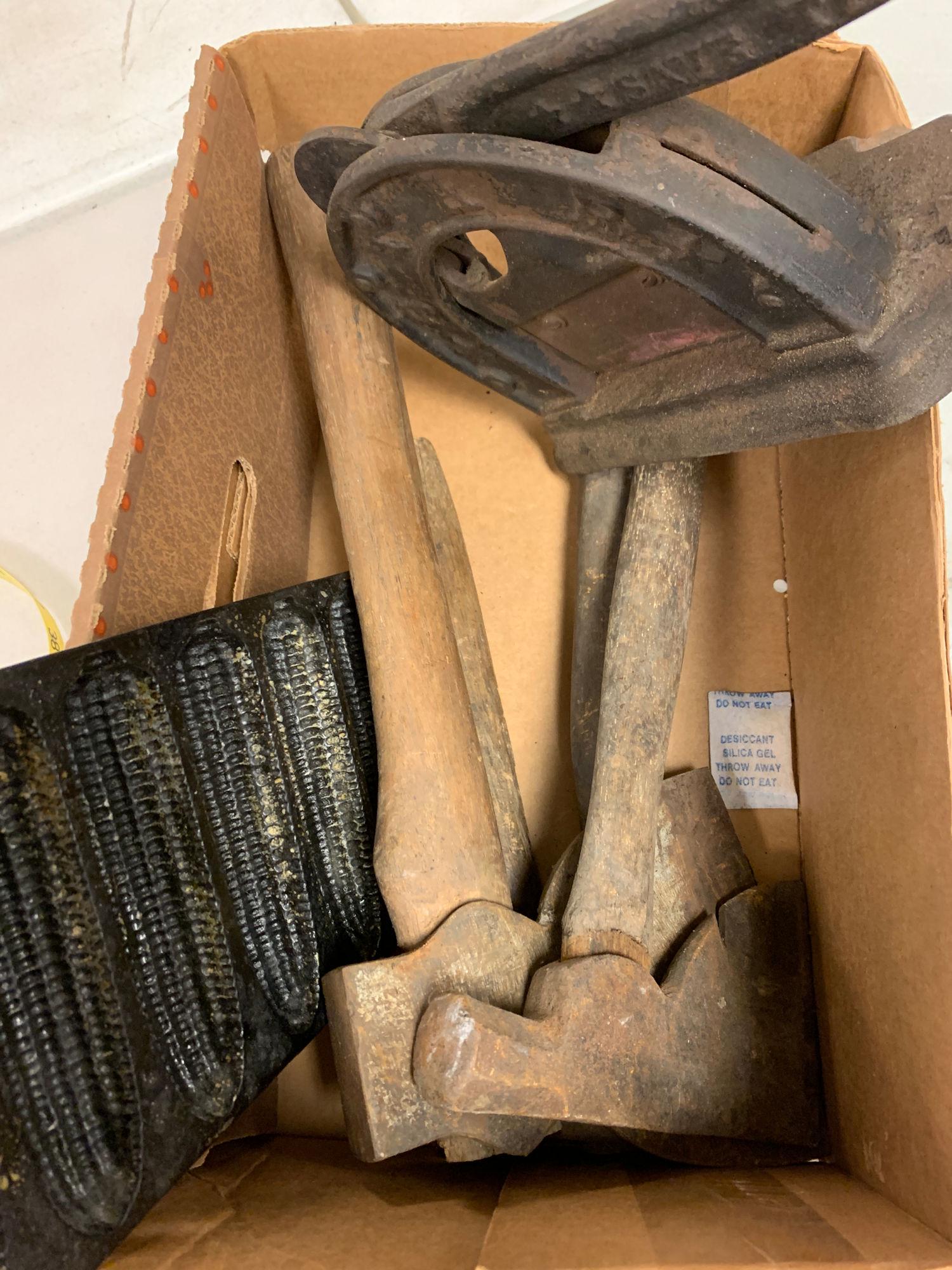 BOX LOT INCLUDING PRIMITIVE AXES, IRON CRISPY CORN (1 of 1)