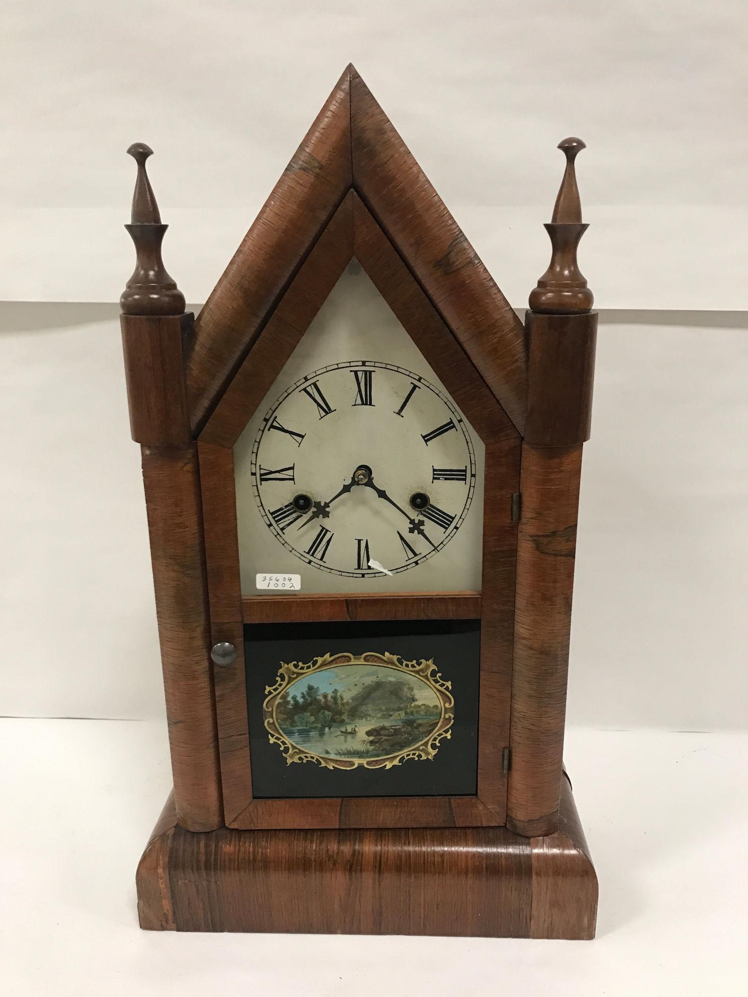 MAHOGANY VICTORIAN  STEEPLE CLOCK WITH REVERSE PAINTED (1 of 1)