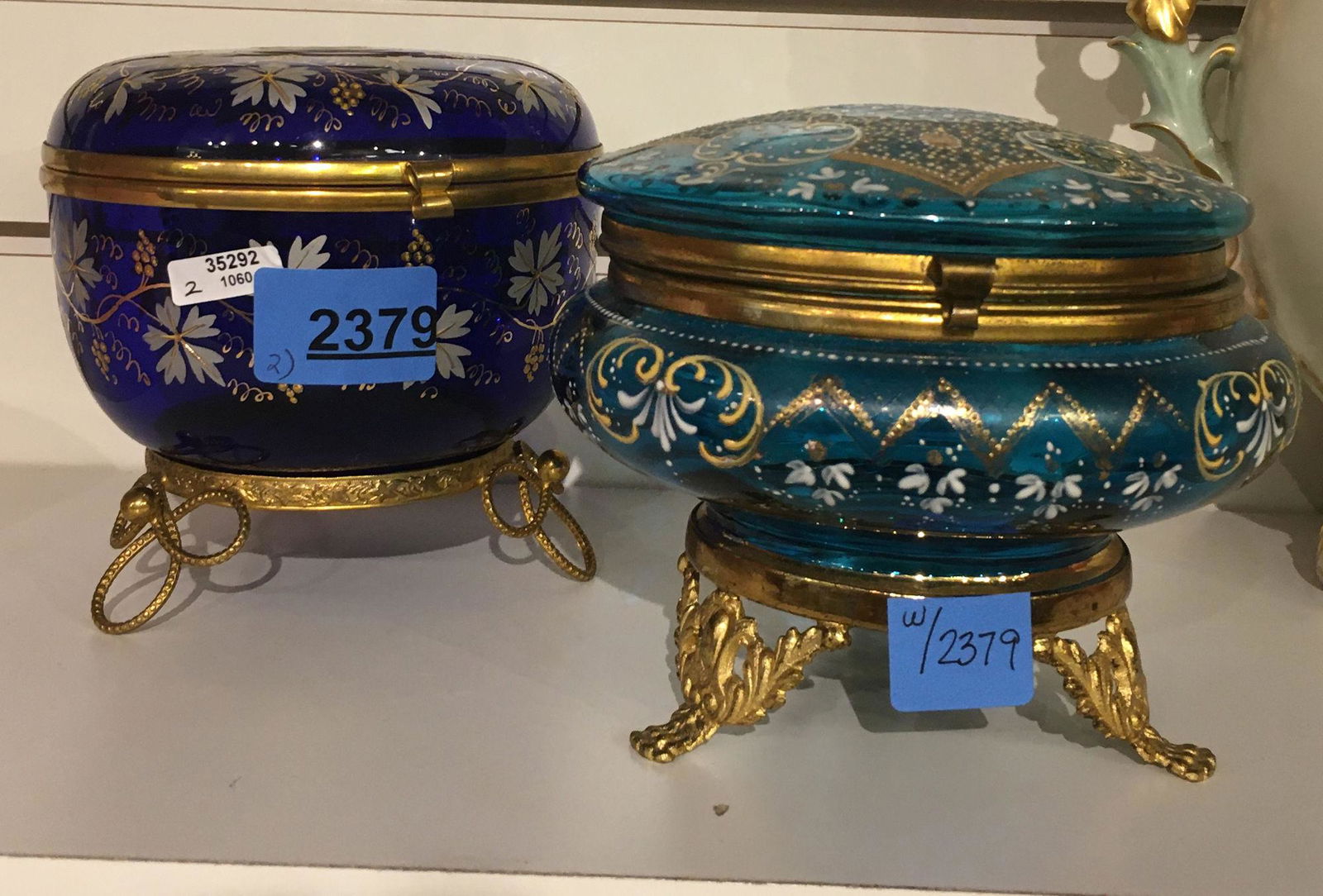 2 ENAMELED GLASS DRESSER BOXES ON BRASS FRAMES. 5" - (1 of 4)