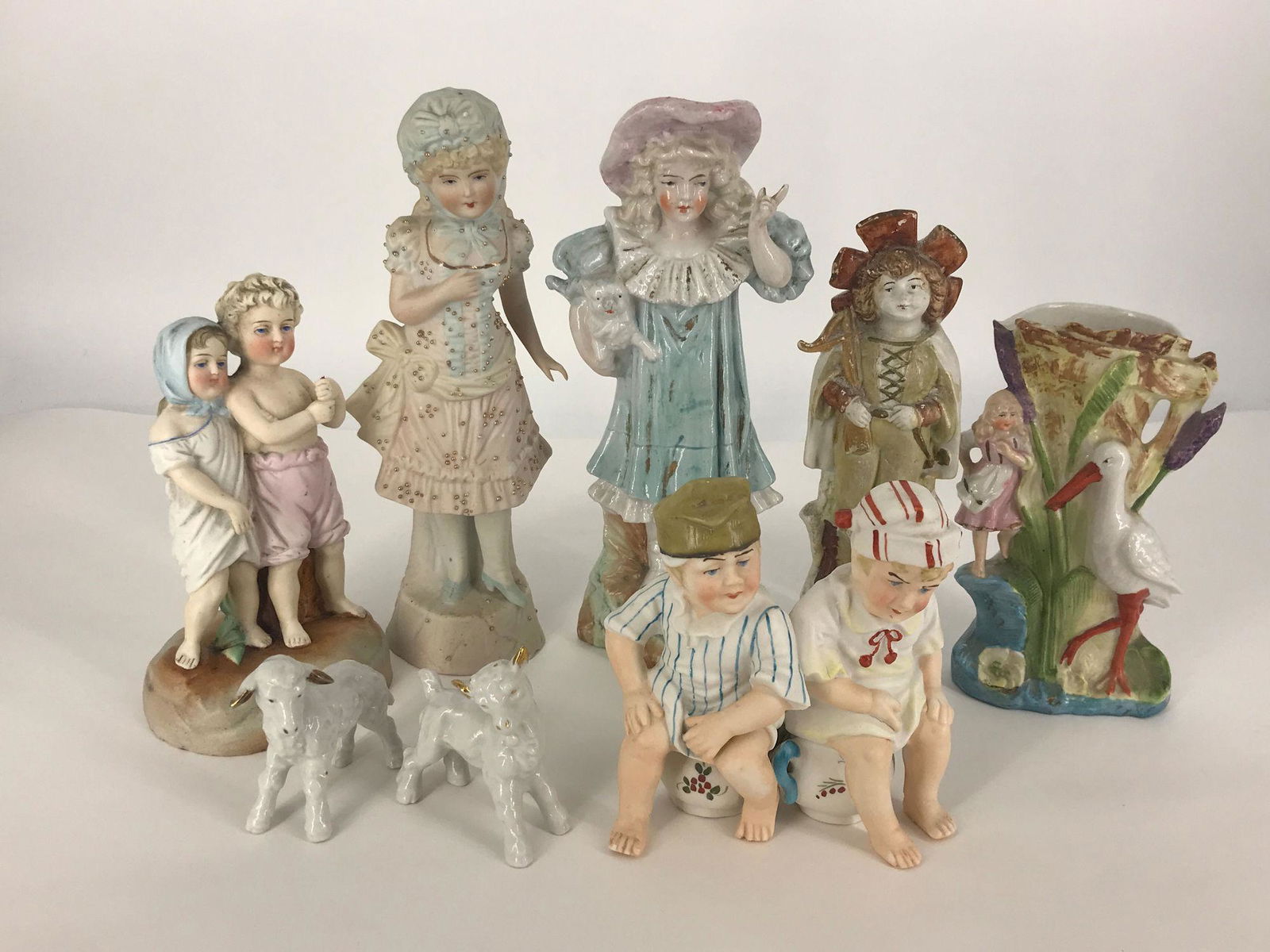 BOX LOT HAND PAINTED BISQUE AND STAFFORDSHIRE FIGURINES (1 of 1)