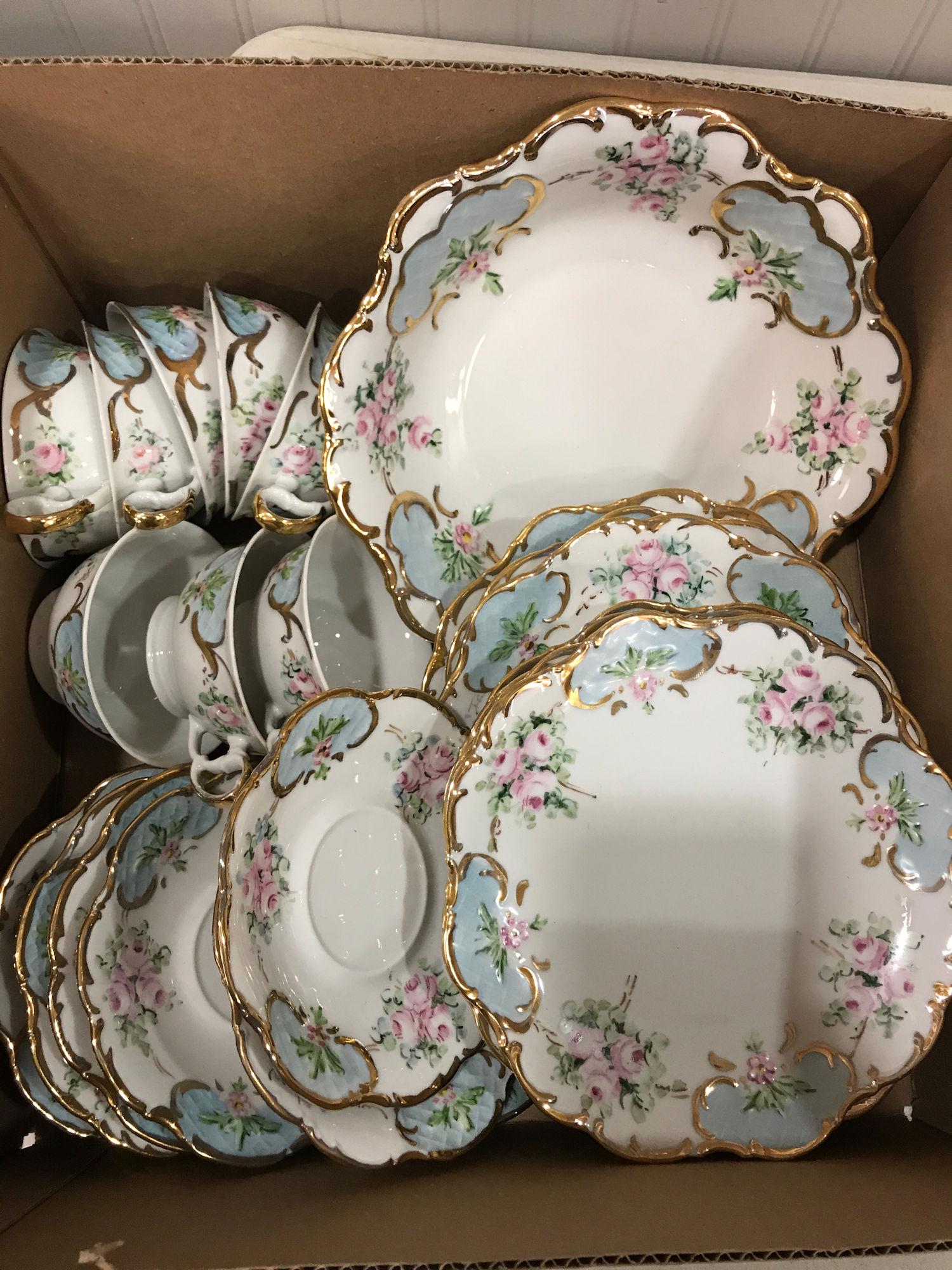 BOX LOT CHINA WITH GOLDEN TRIM AND PINK ROSES INCLUDING (1 of 1)
