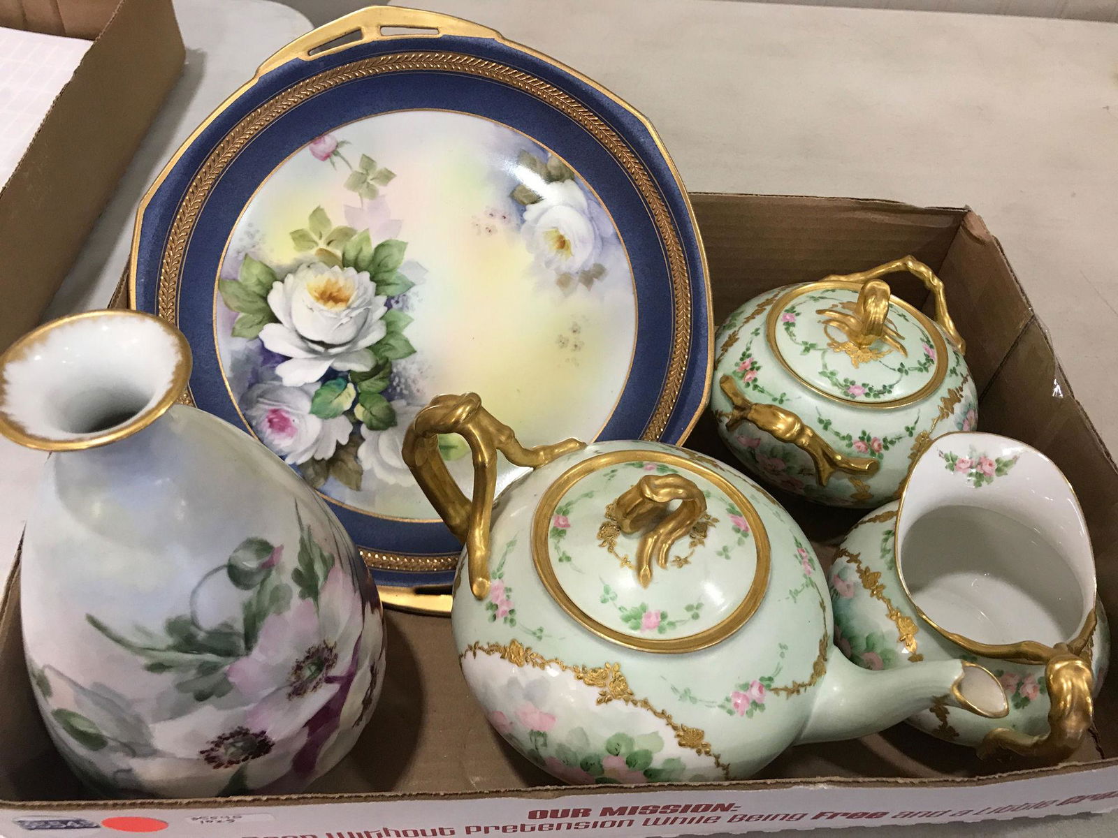 BOX LOT HANDPAINTED  CHINA INCLUDING 8" VASE AND GREEN (1 of 1)