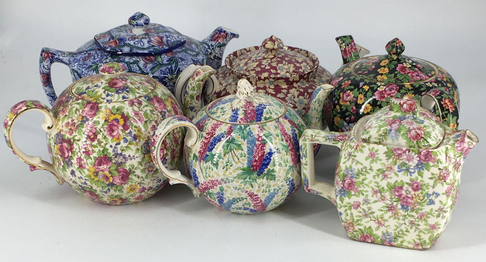 BOX LOT 6 CHINTZ PATTERN TEA POTS WITH LIDS INCLUDING (1 of 1)