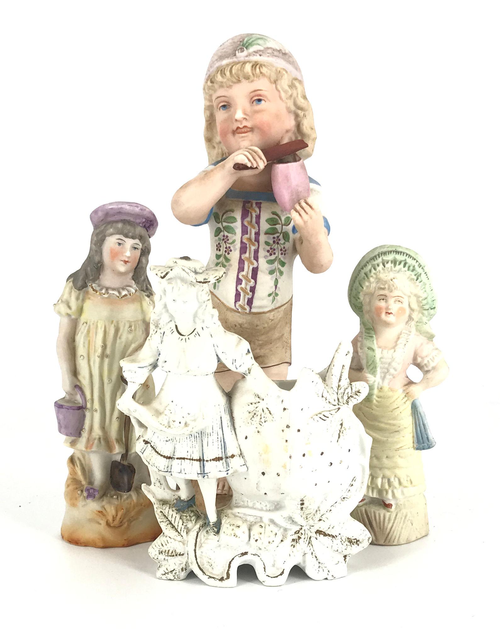 BOX LOT 4 BISQUE FIGURINES INCLUDING 10" BOY PLAYING (1 of 1)