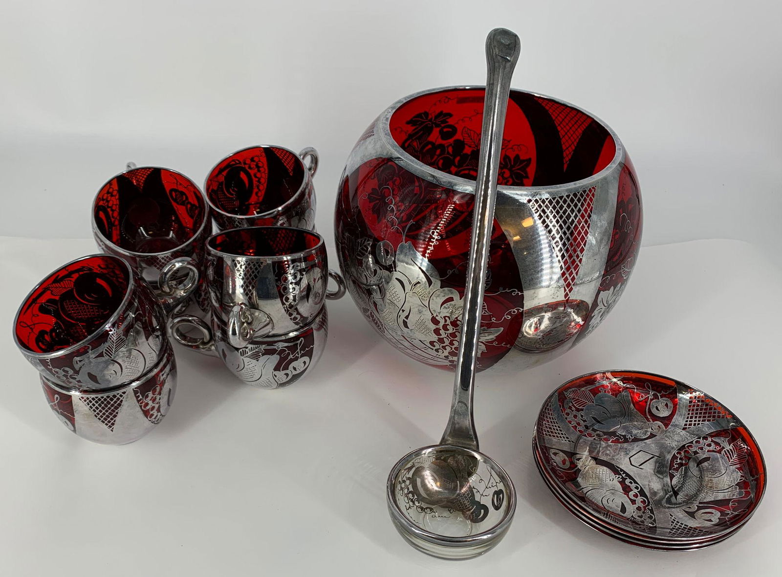 14 PC. RED GLASS PUNCH BOWL SET WITH SILVER OVERLAY (1 of 2)