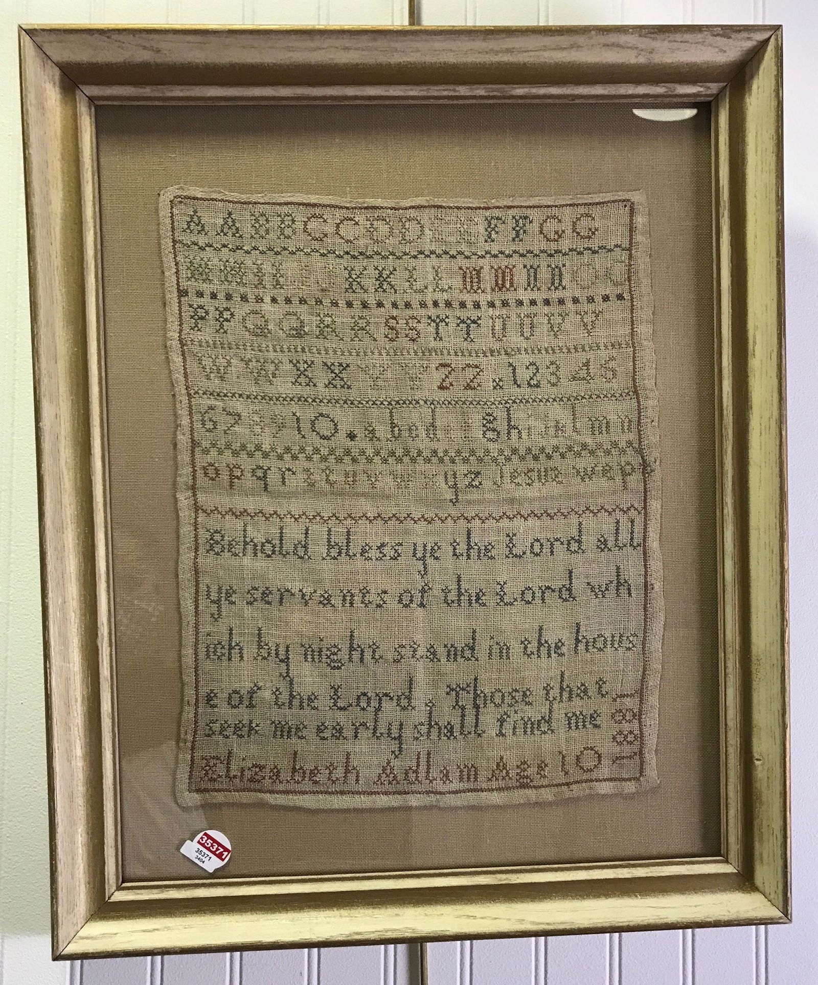 EARLY SAMPLER ALPHABET AND QUOTE "ELIZABETH ADLAM AGE (1 of 2)