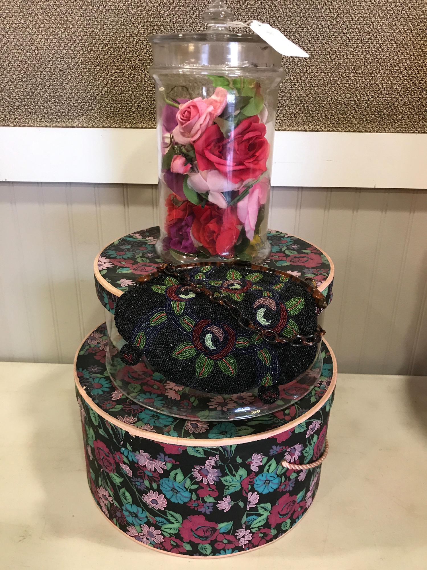 BOX LOT 2 HAT BOXES, VINTAGE BEADED PURSE, AND GLASS (1 of 2)