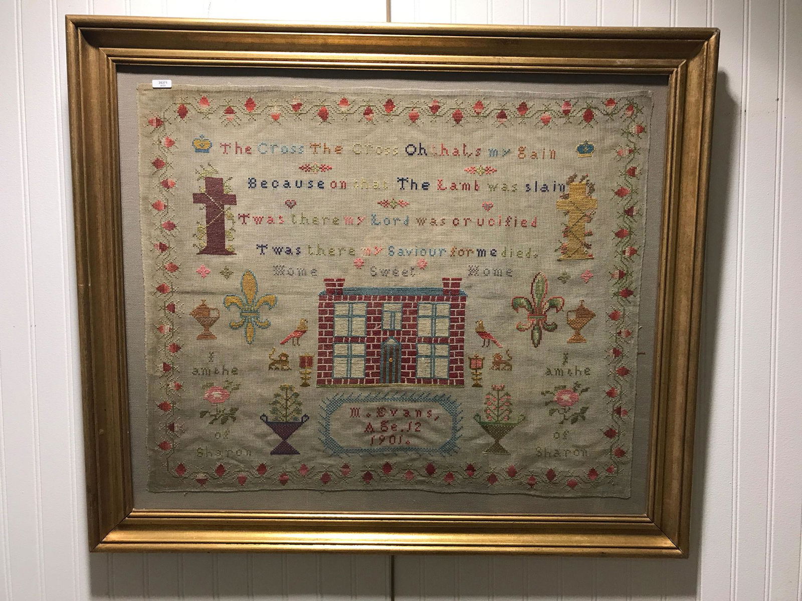 EARLY SAMPLER RELIGIOUS QUOTE AND PICTURES (M. EVANS (1 of 2)