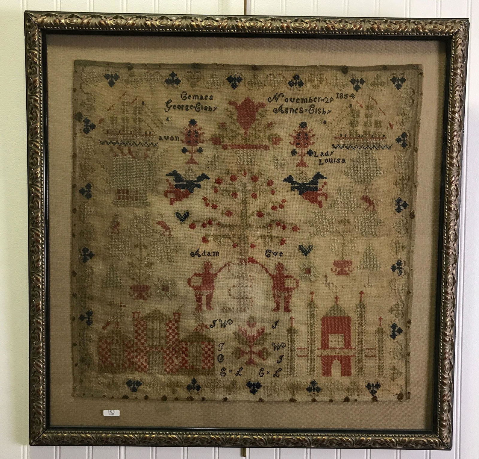 EARLY SAMPLER "FAMILY TREE" OF GEORGE & ELSBY GEMAES (1 of 2)