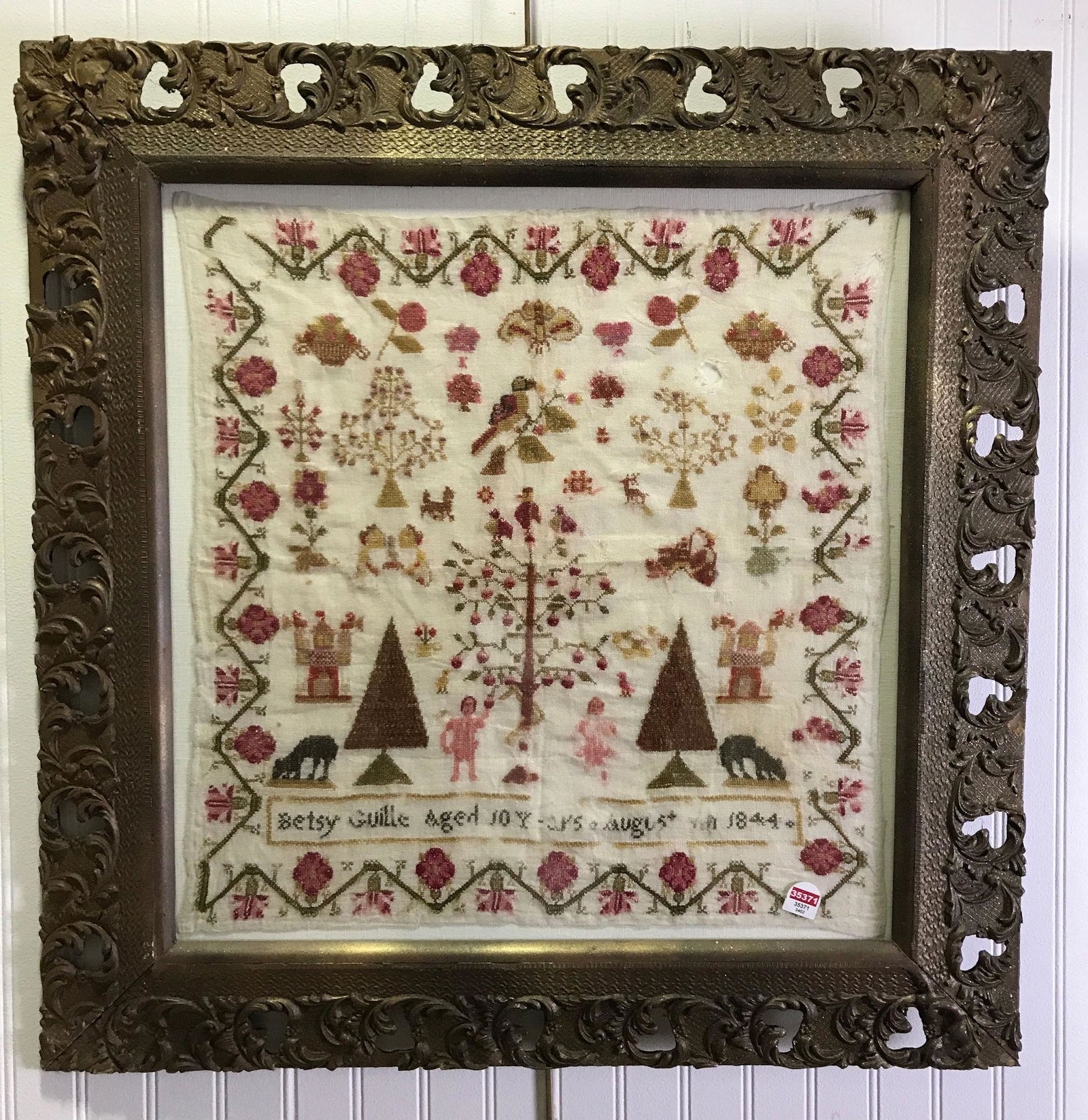 EARLY SAMPLER FLORAL AND ANIMAL DESIGN "BETSY GUILLE (1 of 2)