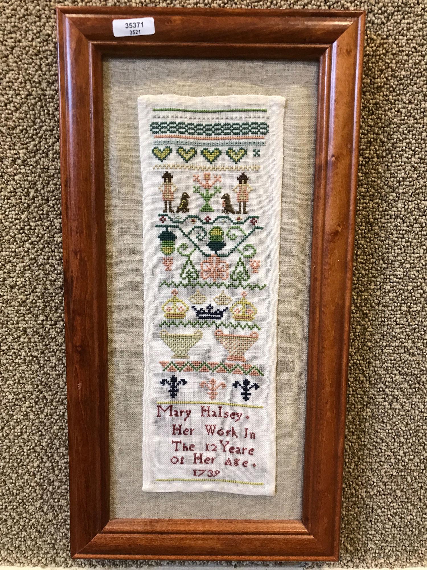EARLY SAMPLER "MARY HALSEY 12 YEARS OLD - 1739": EARLY SAMPLER "MARY HALSEY 12 YEARS OLD - 1739" 11"X3.75" AND FRAME IS 14.5"X7.5"