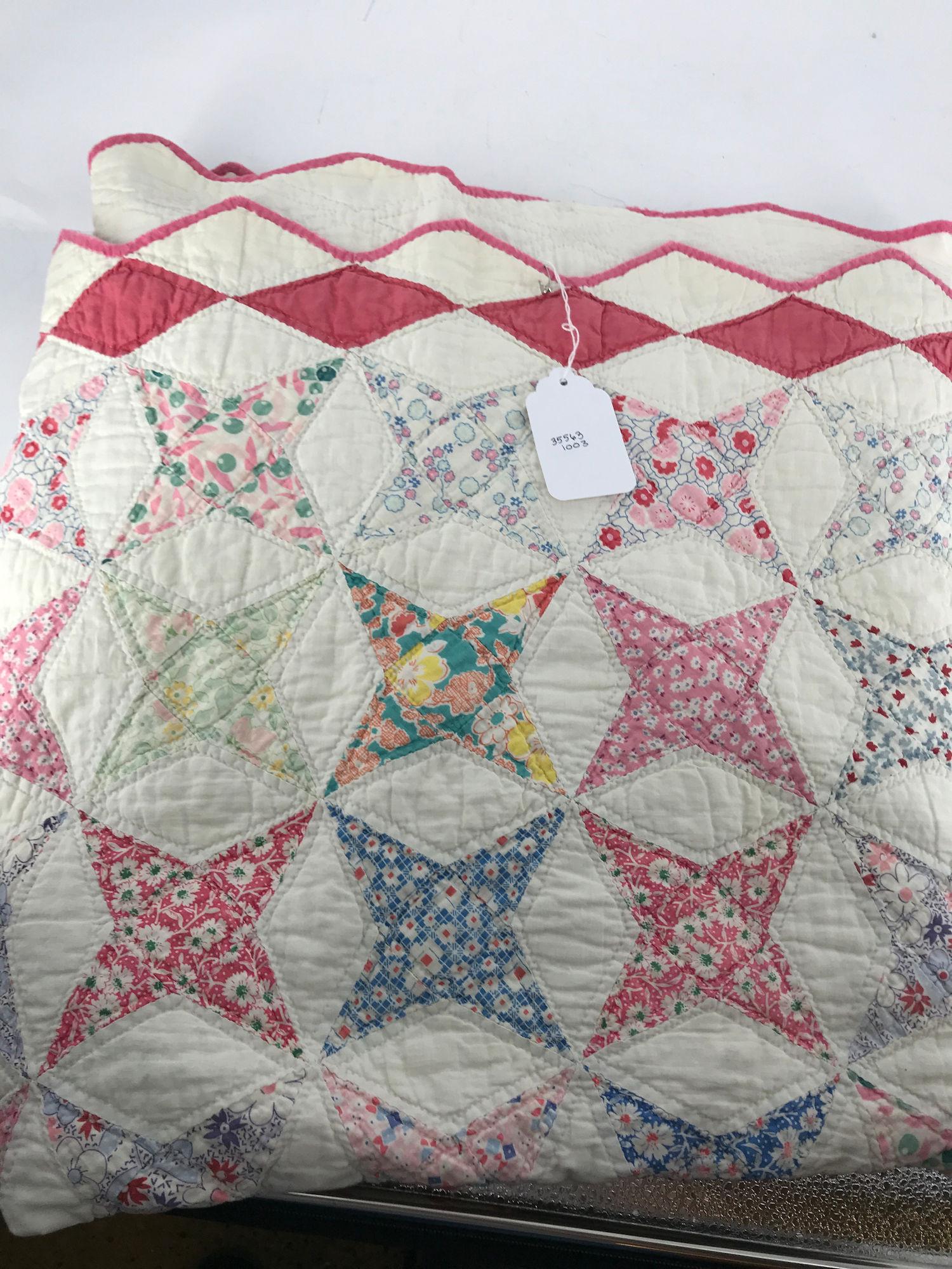 PIECEWORK QUILT WITH RED DIAMOND BORDER (EDGES ARE WORN (1 of 1)