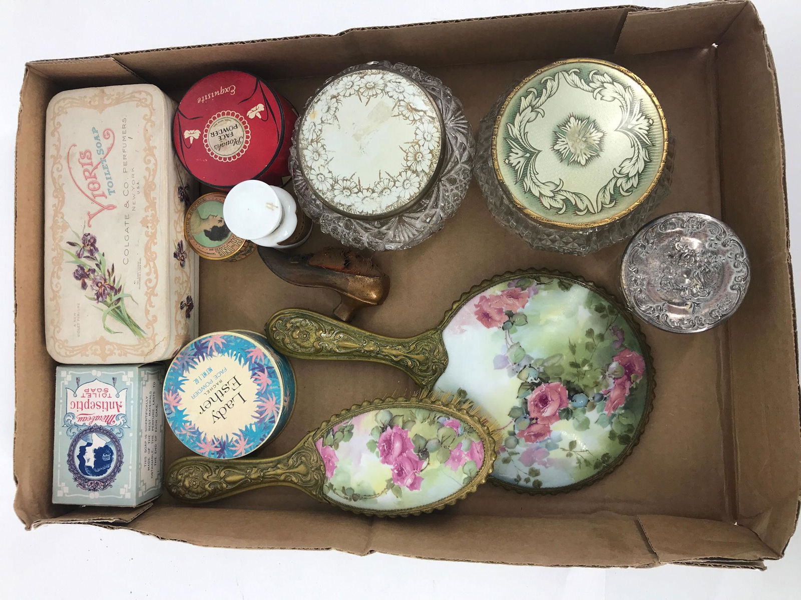 BOX LOT VINTAGE POWDER ROOM ITEMS INCLUDING BRUSH AND (1 of 1)