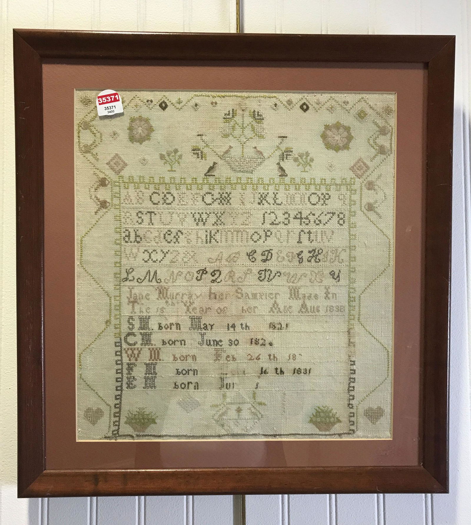 EARLY SAMPLER OF ALPHABET WITH QUOTE " JANE MURRAY (1 of 2)
