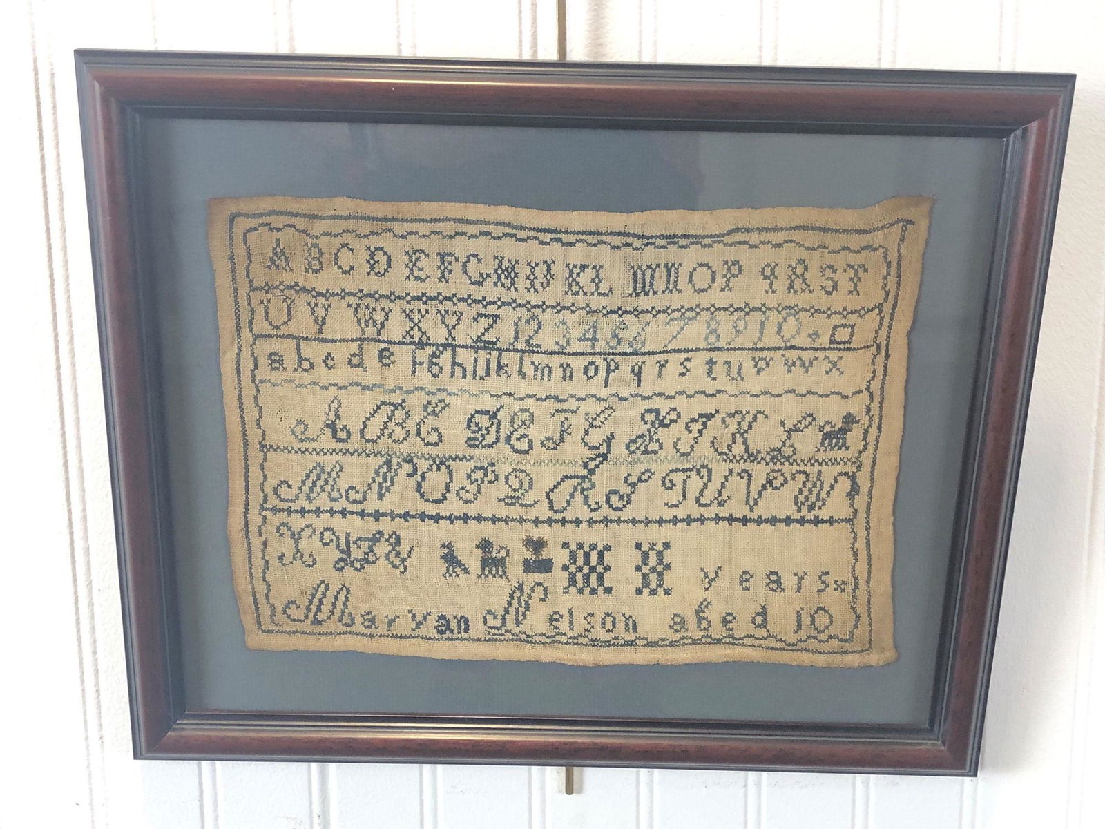 EARLY SAMPLER BY MARYAN NELSON, AGED 10 YEARS. SAMPLER (1 of 1)