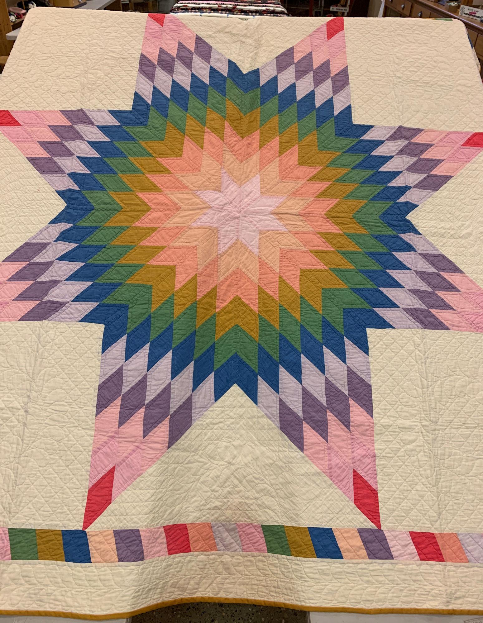 82" X 81" PIECEWORK QUILT WITH CENTER STAR. TRIMMED IN (1 of 8)