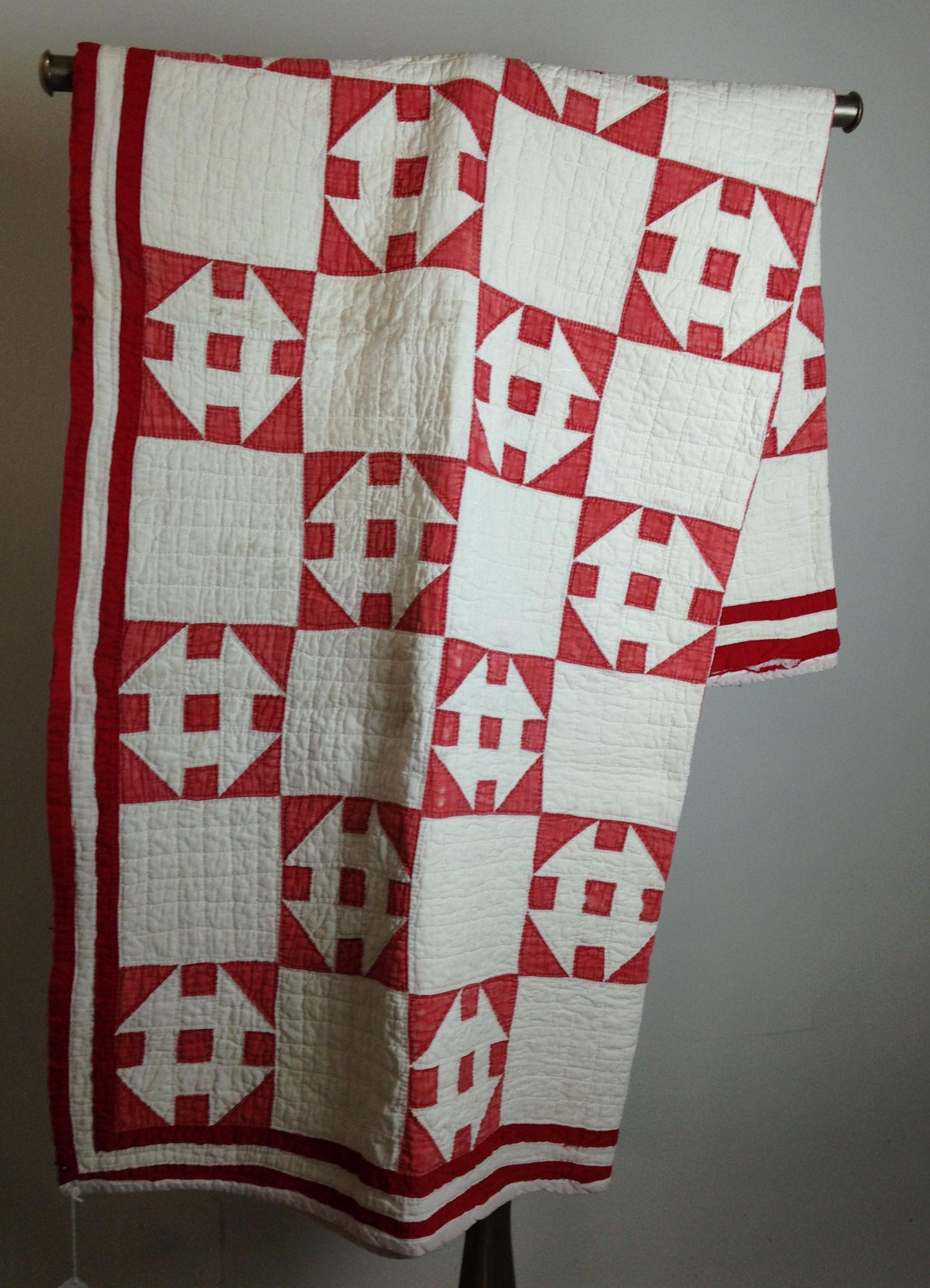 PIECEWORK QUILT -RED AND WHITE SQUARE AND TRIANGLE (1 of 2)