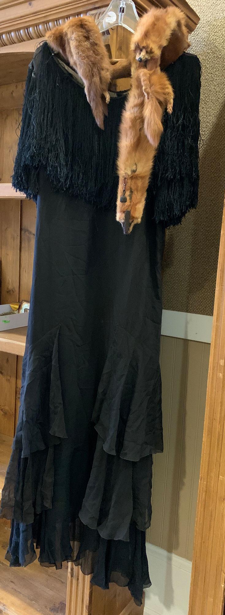 VINTAGE 1920: VINTAGE 1920'S? BLACK DRESS WITH LONG FRINGE WITH MINK MULTIPIECE SCARF.