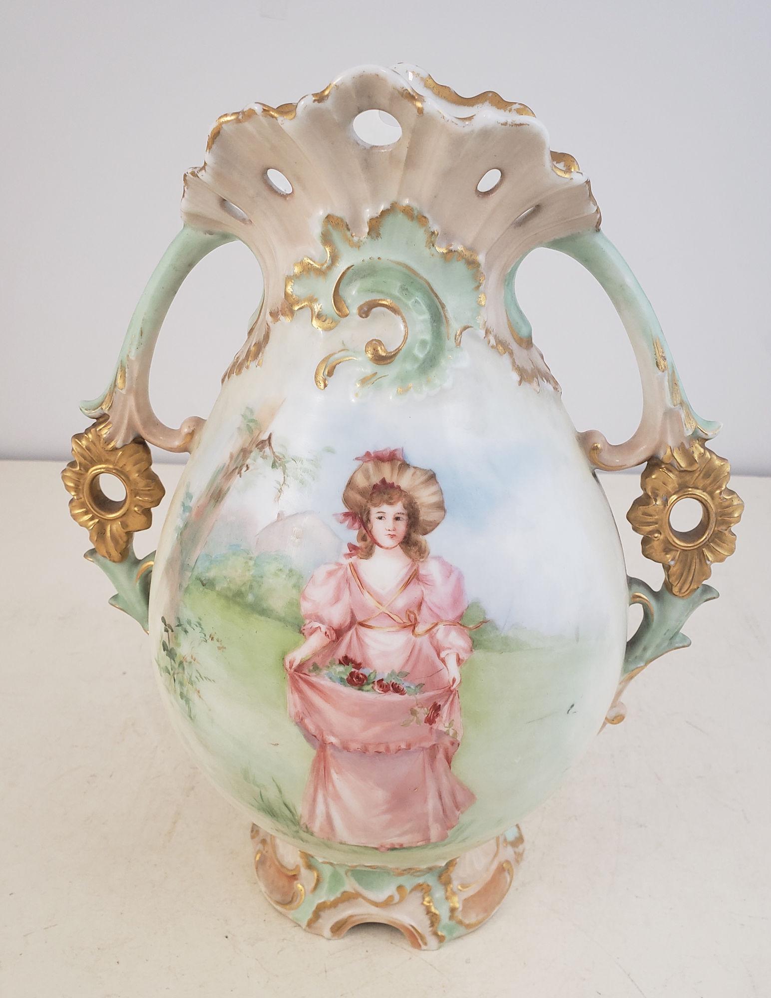 HANDPAINTED FRENCH TWO HANDLED PORCELAIN VASE WITH (1 of 3)