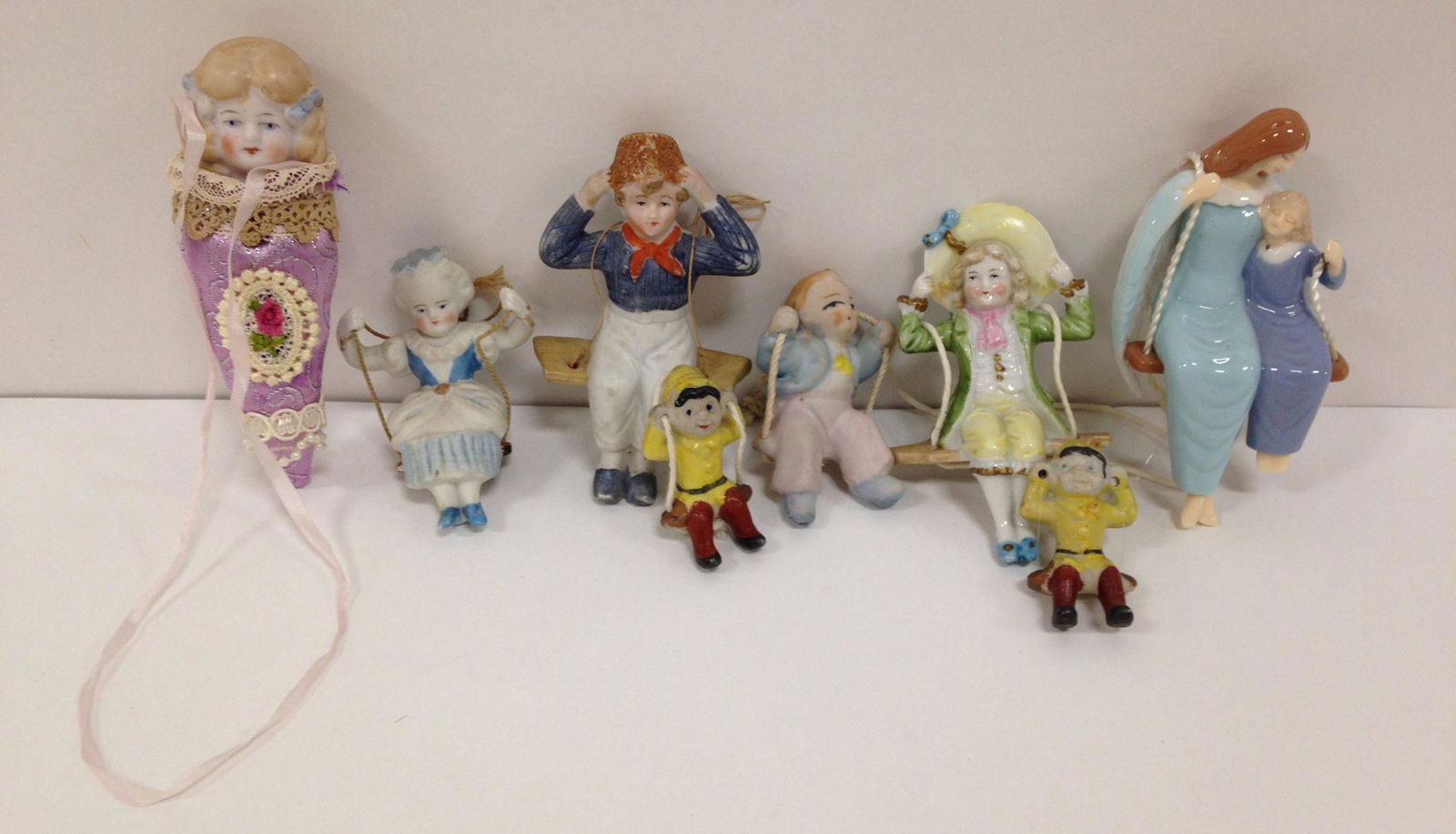 BOX LOT OF 8 SMALL BISQUE AND CHINA OIL LAMP SWINGERS (1 of 2)