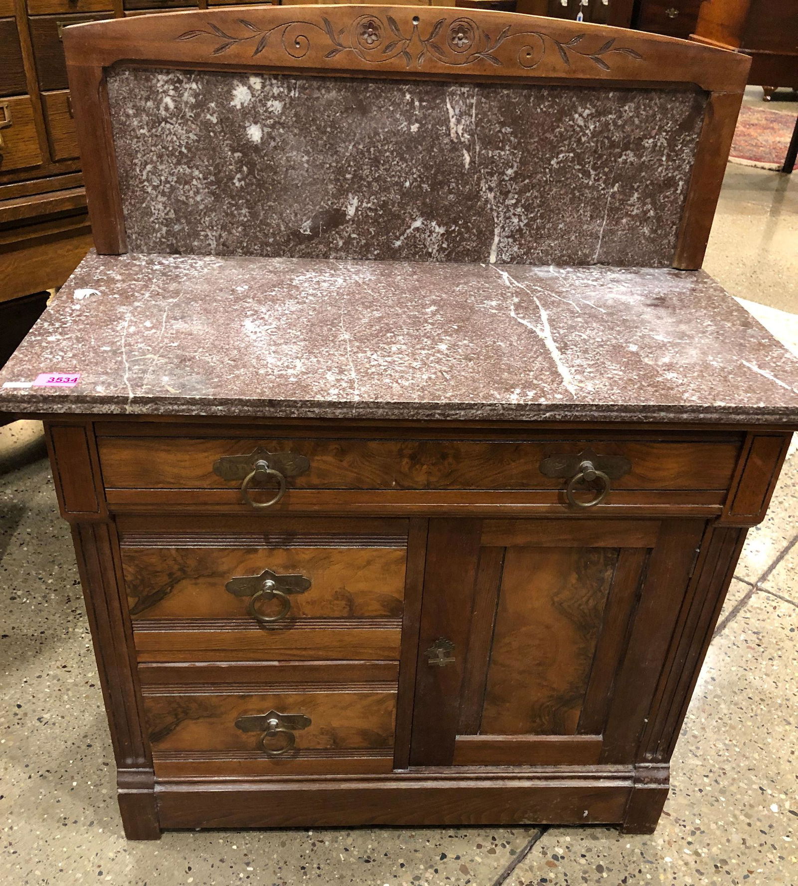 WALNUT VICTORIAN WASHSTAND WITH BROWN MARBLE TOP AND (1 of 1)