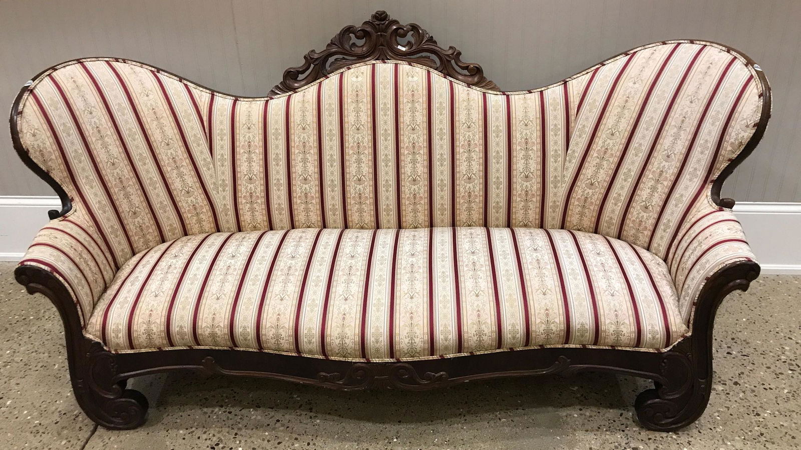 WALNUT VICTORIAN ROSE CARVED SOFA WITH MAROON STRIPED (1 of 2)