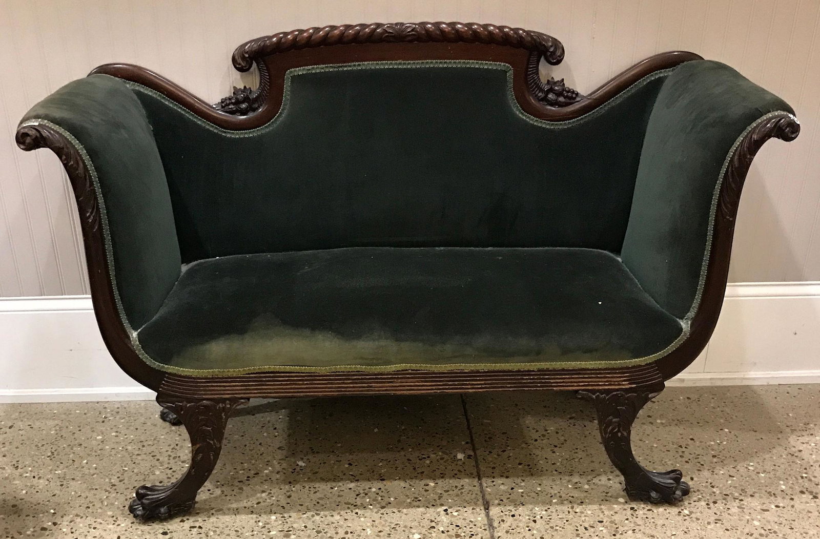 FEDERAL MAHOGANY LOVE SEAT WITH ROPE AND FRUIT CARVED: FEDERAL MAHOGANY LOVE SEAT WITH ROPE AND FRUIT CARVED BACK, WORN FINISH, FADED UPHOLSTERY, 56" X 21" X 35"