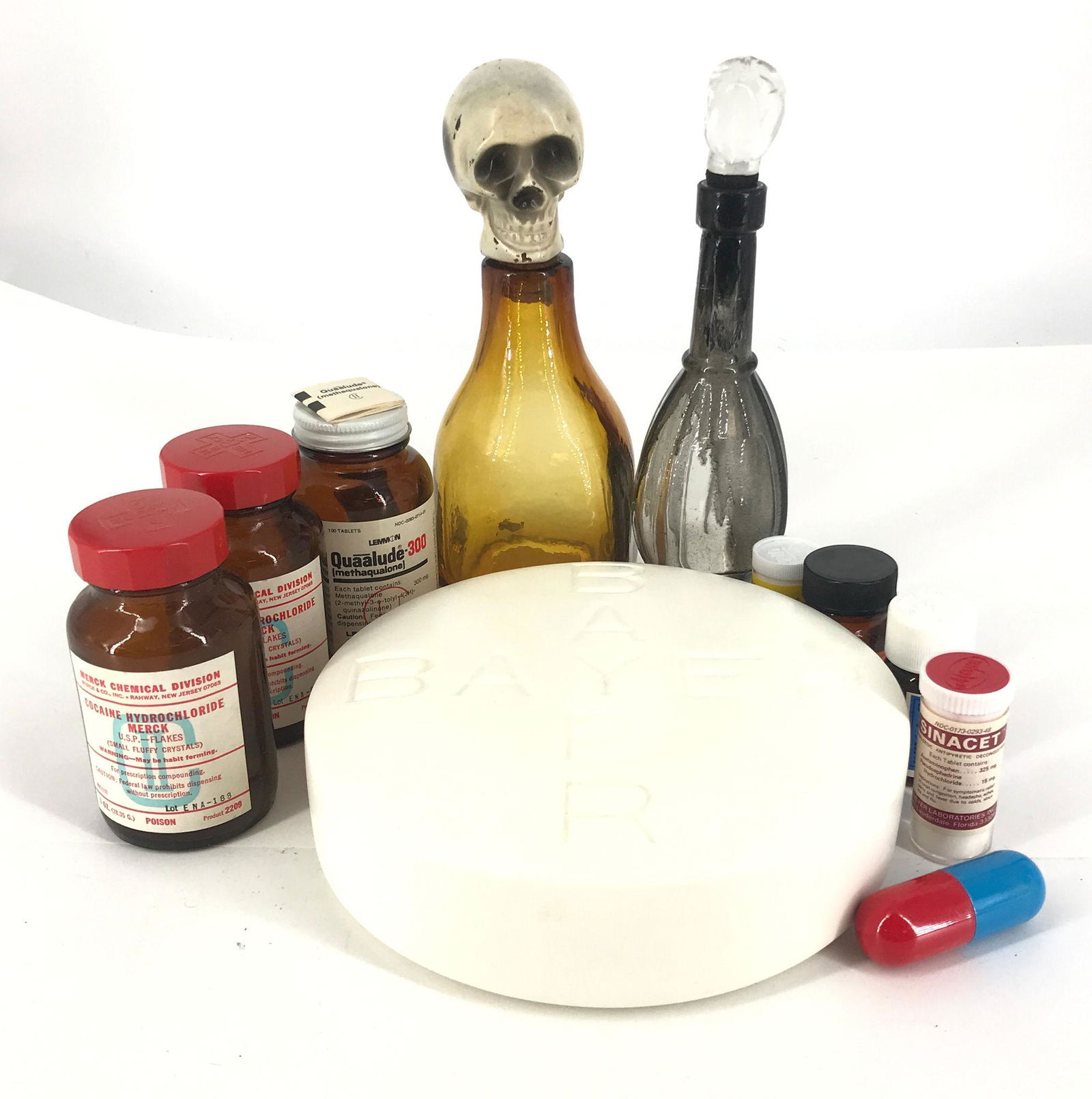 BOX LOT INCLUDING EMPTY PROP PILL BOTTLES, JARS WITH (1 of 2)