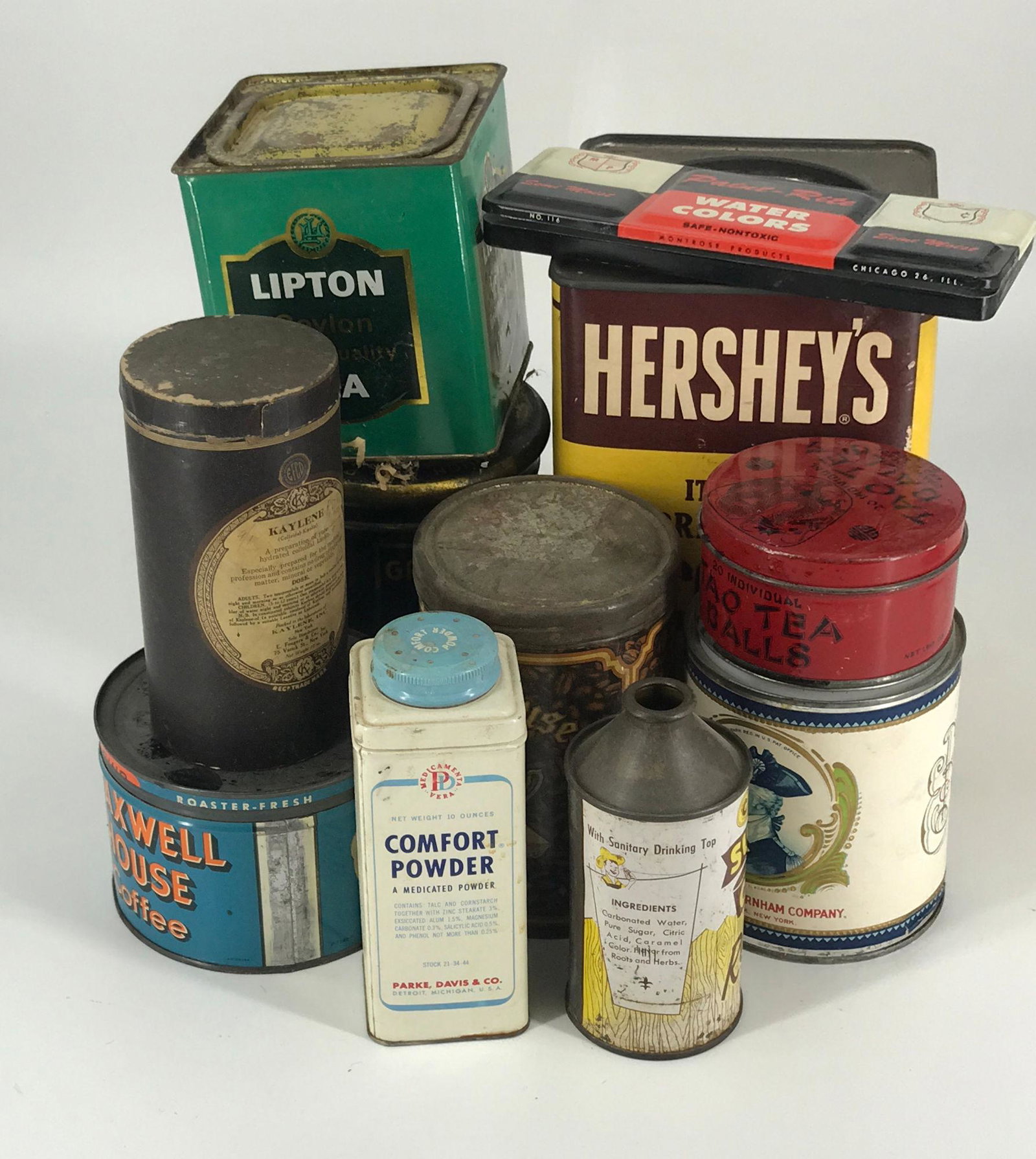 BOX LOT TINS INCLUDING 9.5" HERSHEYS CONTAINER: BOX LOT TINS INCLUDING 9.5" HERSHEYS CONTAINER