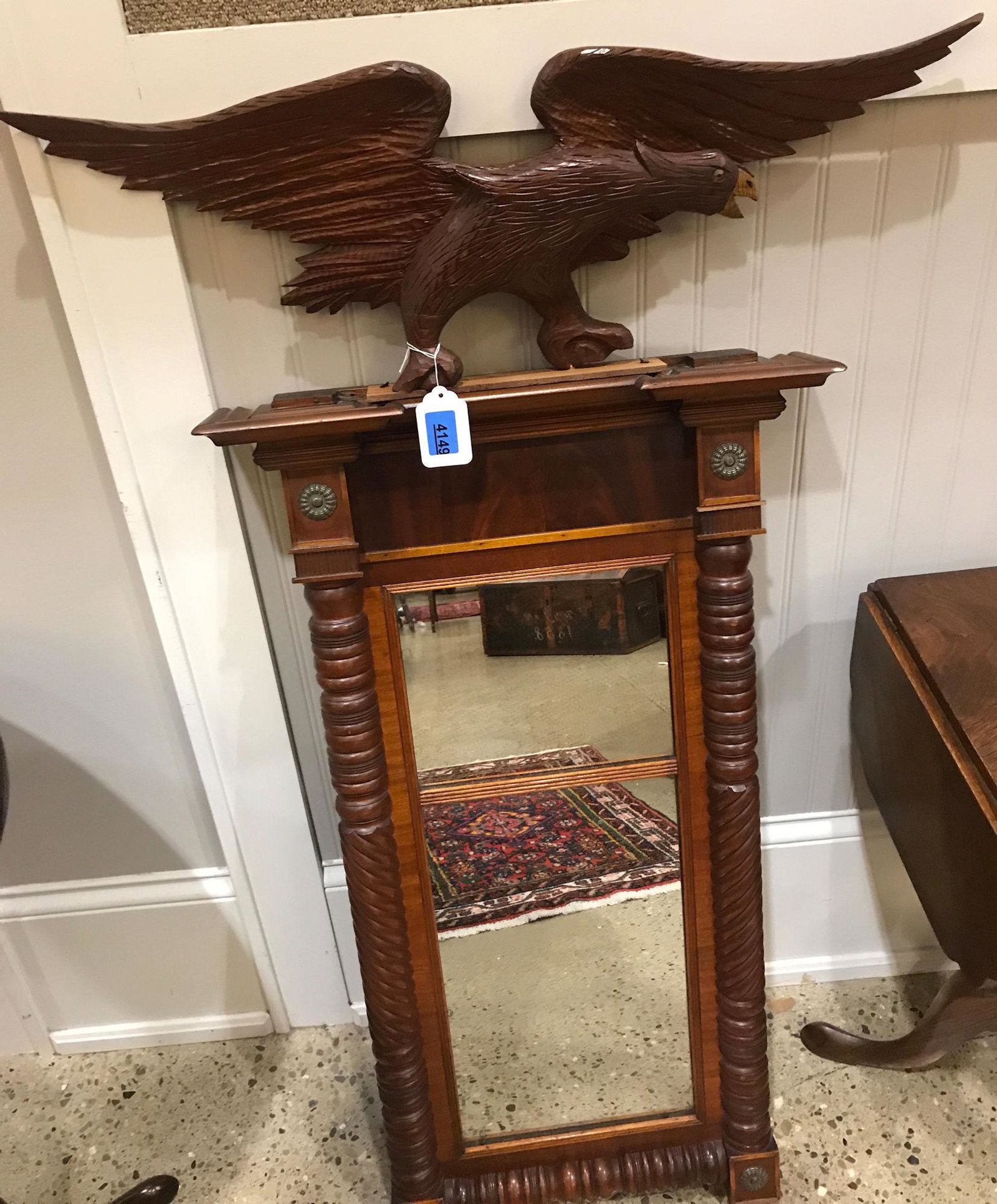 MAHOGANY 2 PART EMPIRE MIRROR WITH HALF PILASTERS,: MAHOGANY 2 PART EMPIRE MIRROR WITH HALF PILASTERS, CARVED WOODEN EAGLE HAS BEEN ADDED TO TOP 21"X36"(MIRROR)