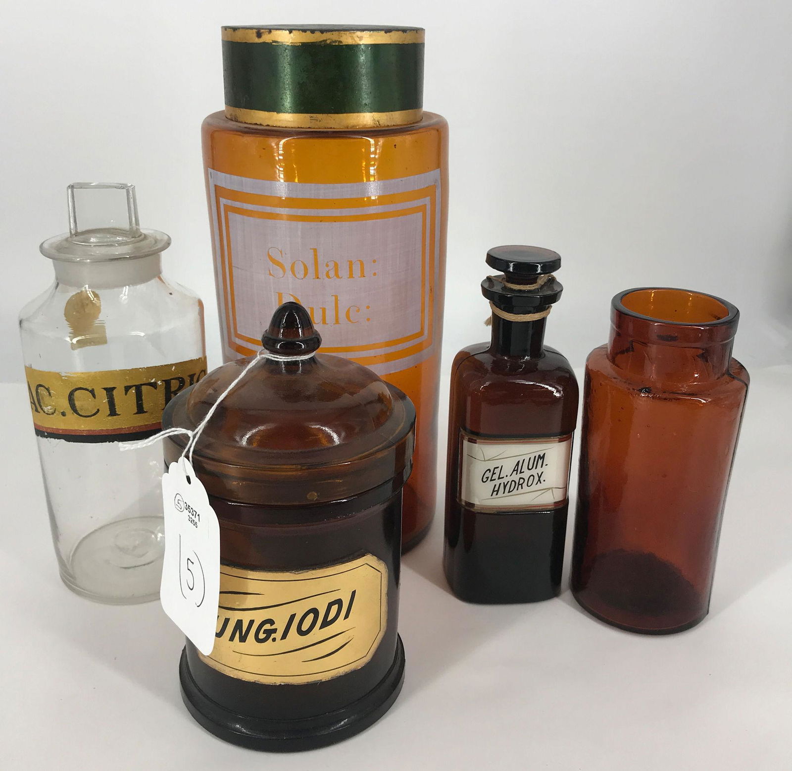 BOX LOT 5 APOTHECARY GLASS JARS (6Â¾"-10Â¼"); 3 AMBER (1 of 2)