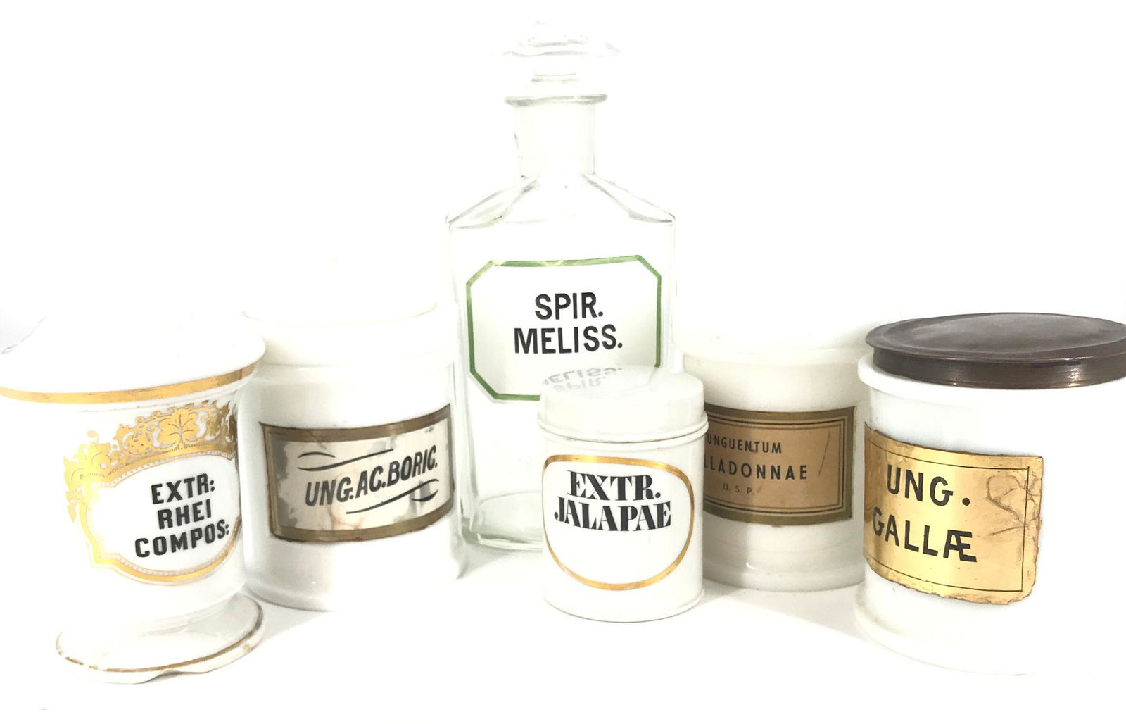 BOX LOT 6 APOTHECARY CONTAINERS WITH LIDS INCLUDING ONE (1 of 1)