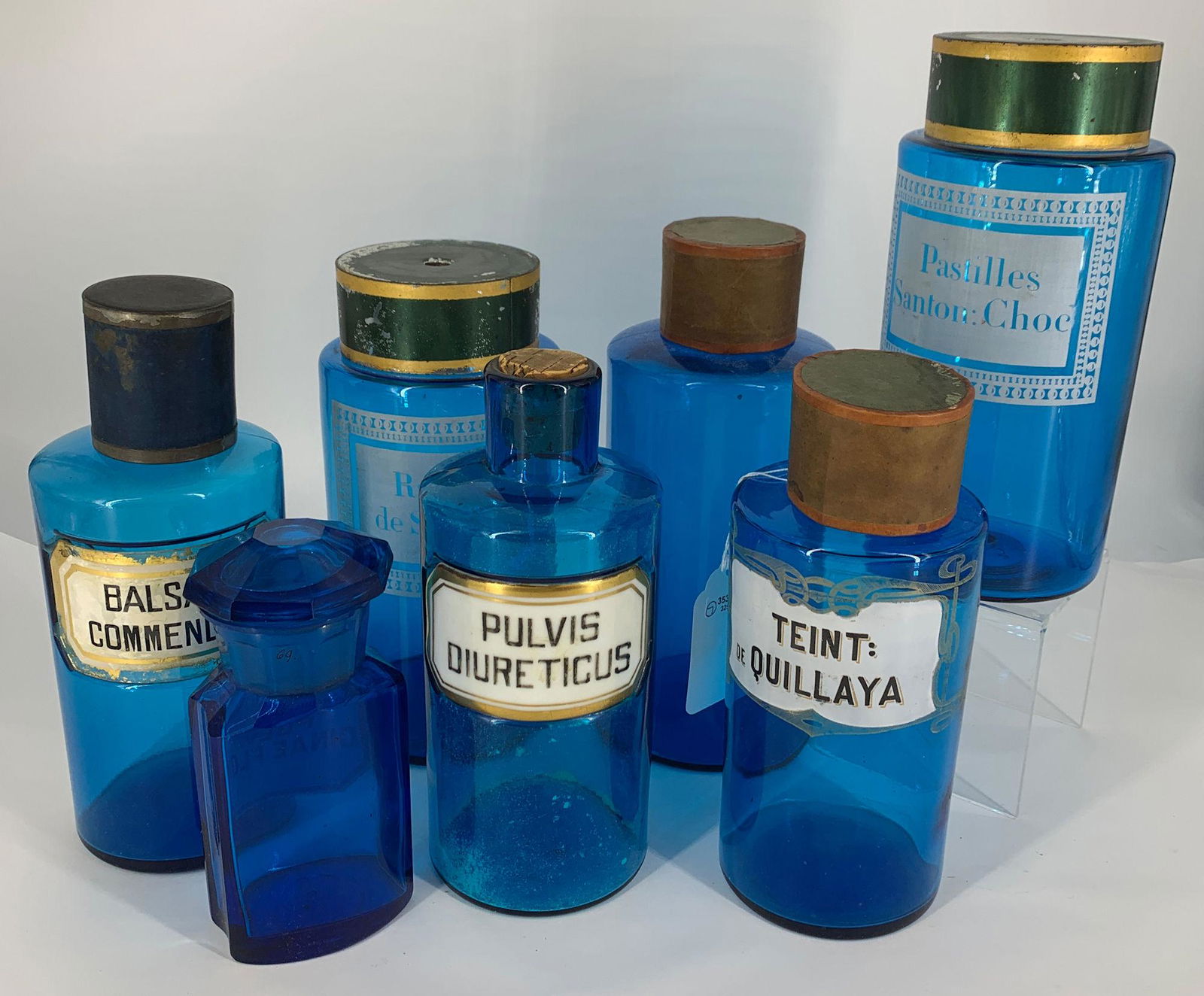 BOX LOT 7 COBALT APOTHECARY JARS (6Â½"-10"). ALL WITH (1 of 1)