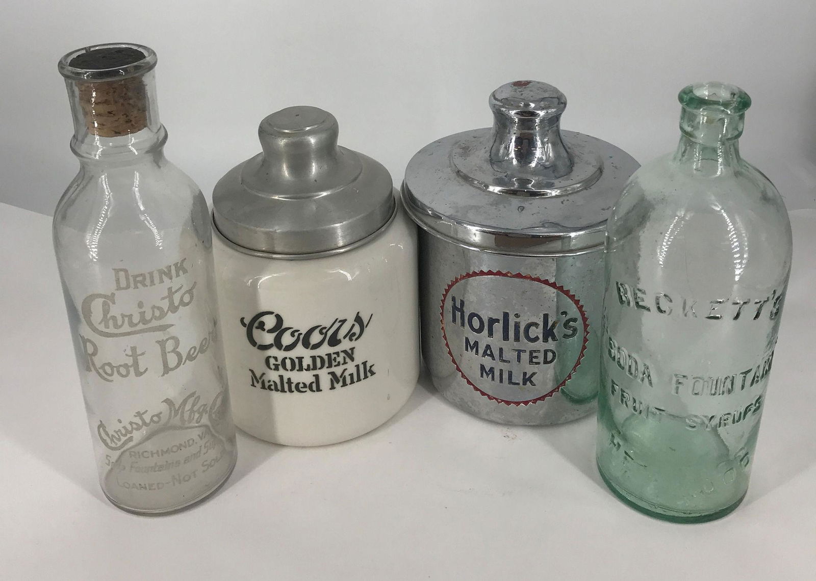 BOX LOT 2 MALTED MILK CONTAINERS WITH LIDS AND 2 GLASS (1 of 2)