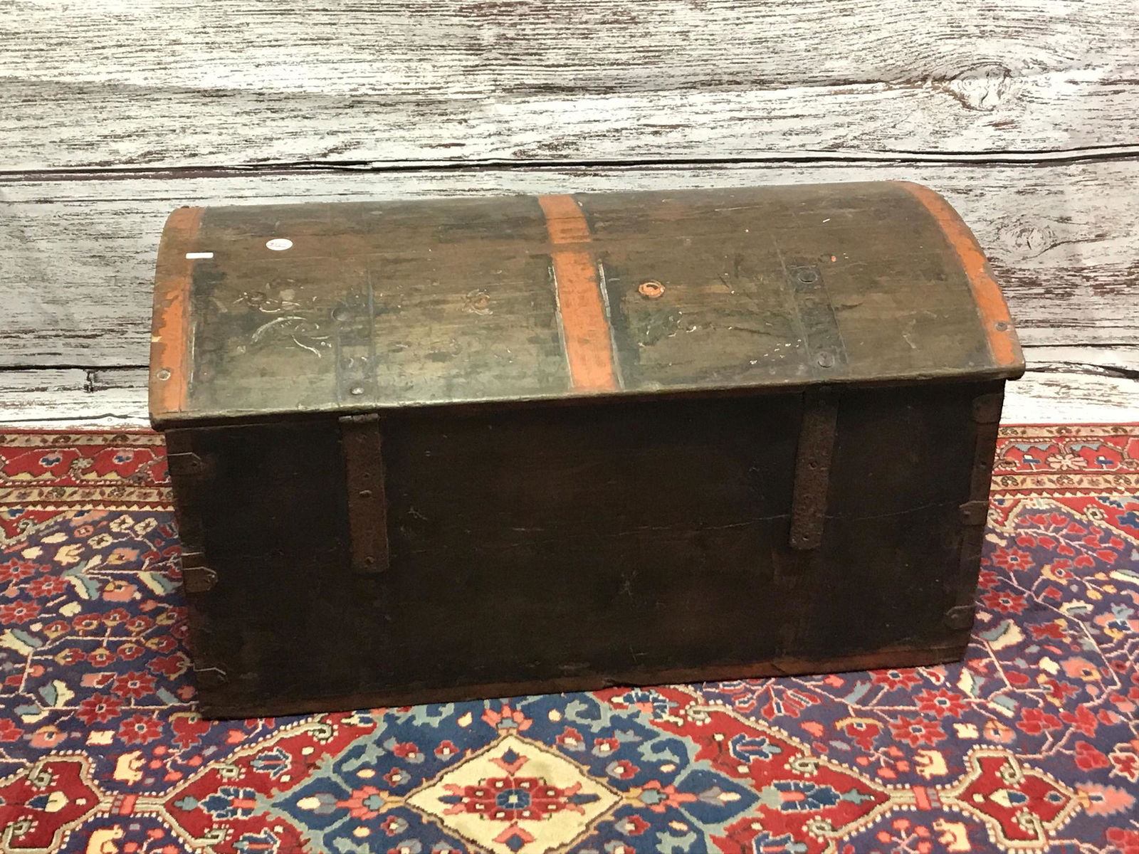 EARLY DECORATED IMMIGRANTS CHEST DATED 1858 32.5" X 18" (1 of 1)