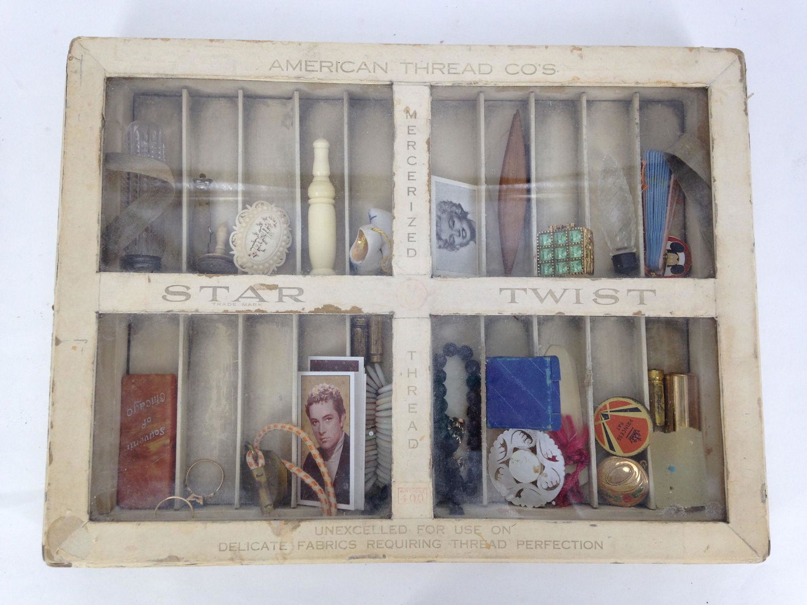 VINTAGE THREAD BOX INCLUDING COSTUME JEWELRY AND (1 of 2)