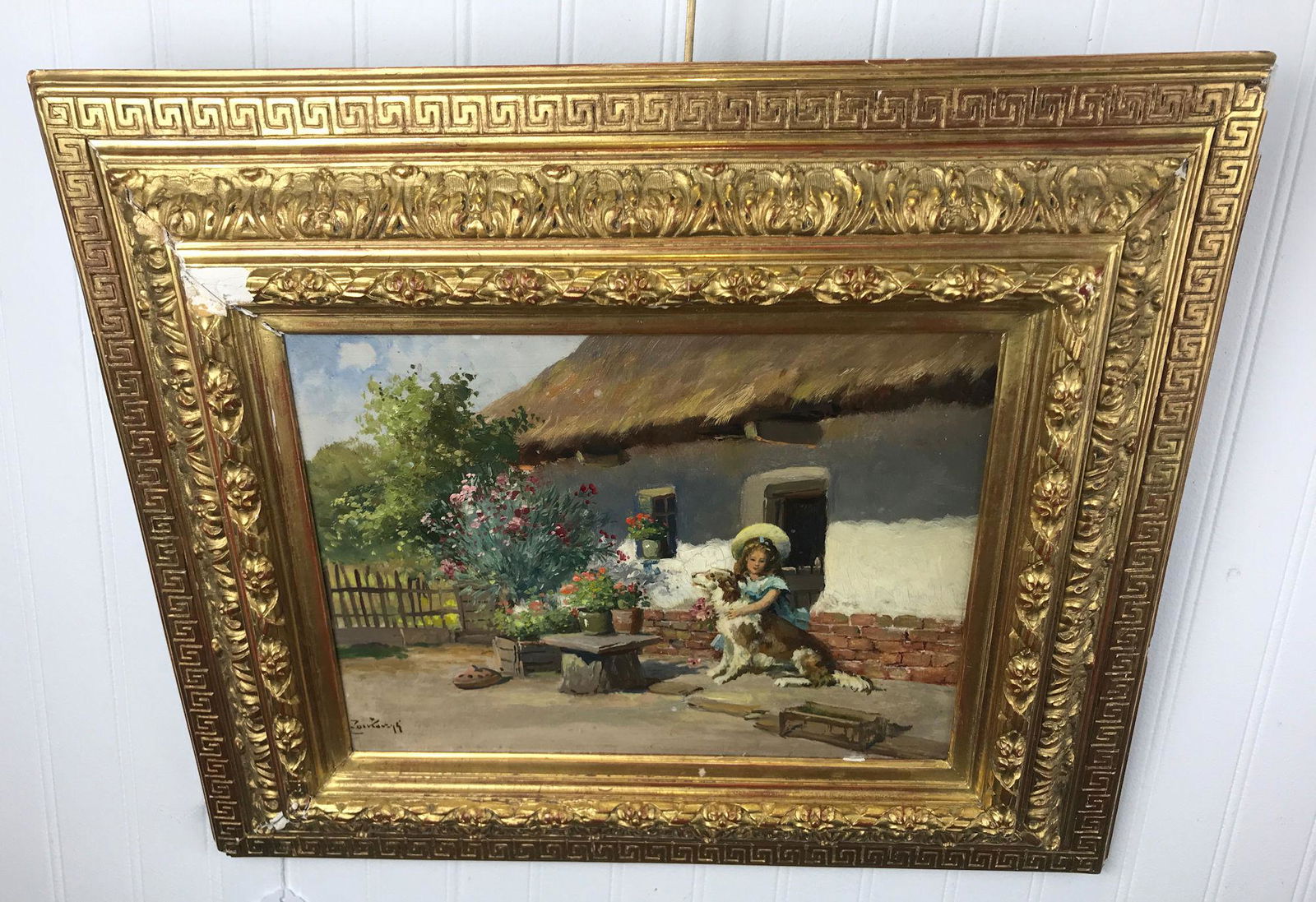 JULIUS (GYULA) ZORKOCZY, 1873-1932, GIRL WITH DOG, OIL: JULIUS (GYULA) ZORKOCZY, 1873-1932, GIRL WITH DOG, OIL ON BOARD, SIGNED LOWER LEFT. 20.5" X 18" OVERALL. DAMAGE ON FRAME