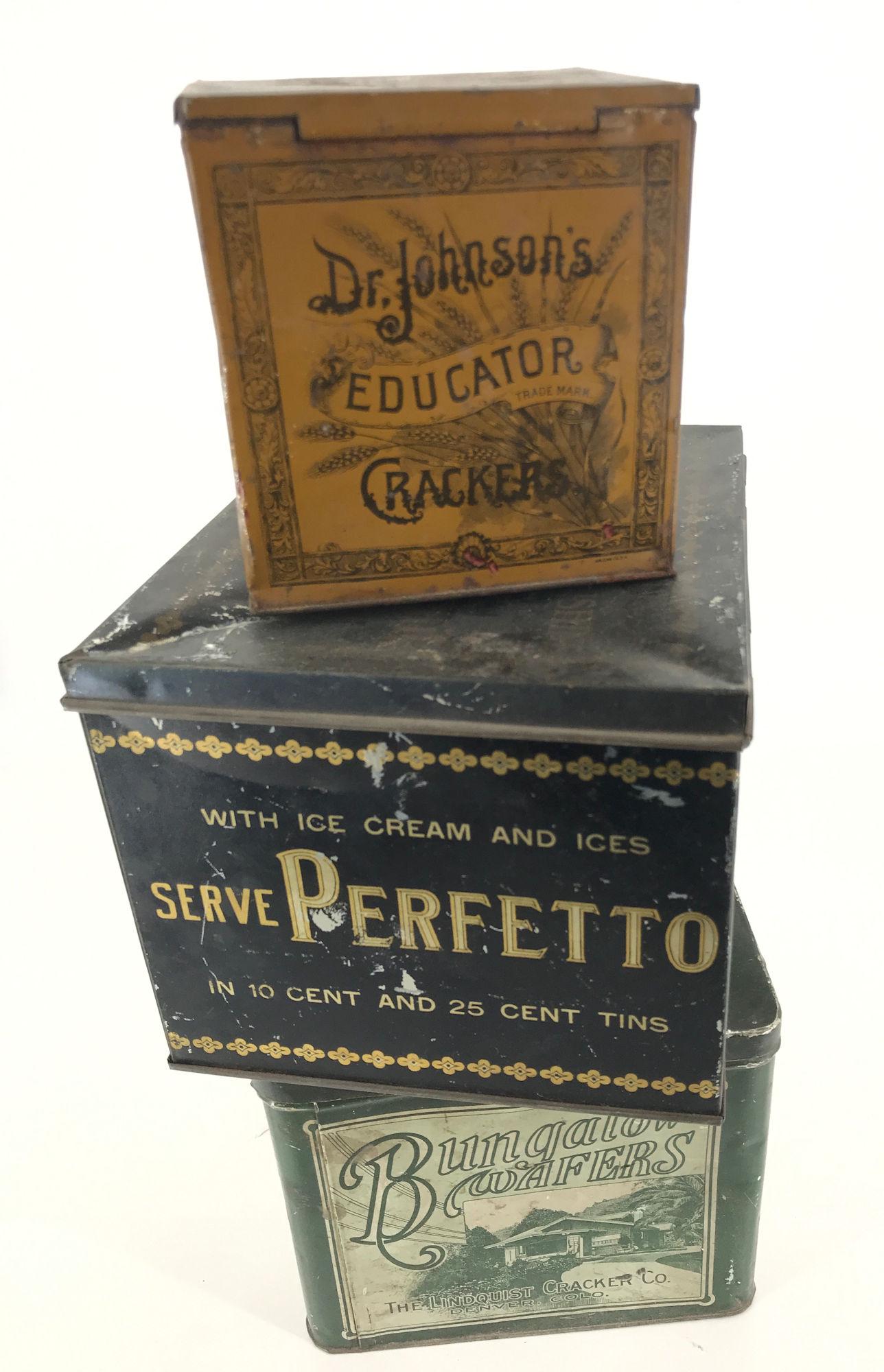 3 TIN ADVERTISING BOXES INCLUDING DR JOHNSONS CRACKERS (1 of 1)