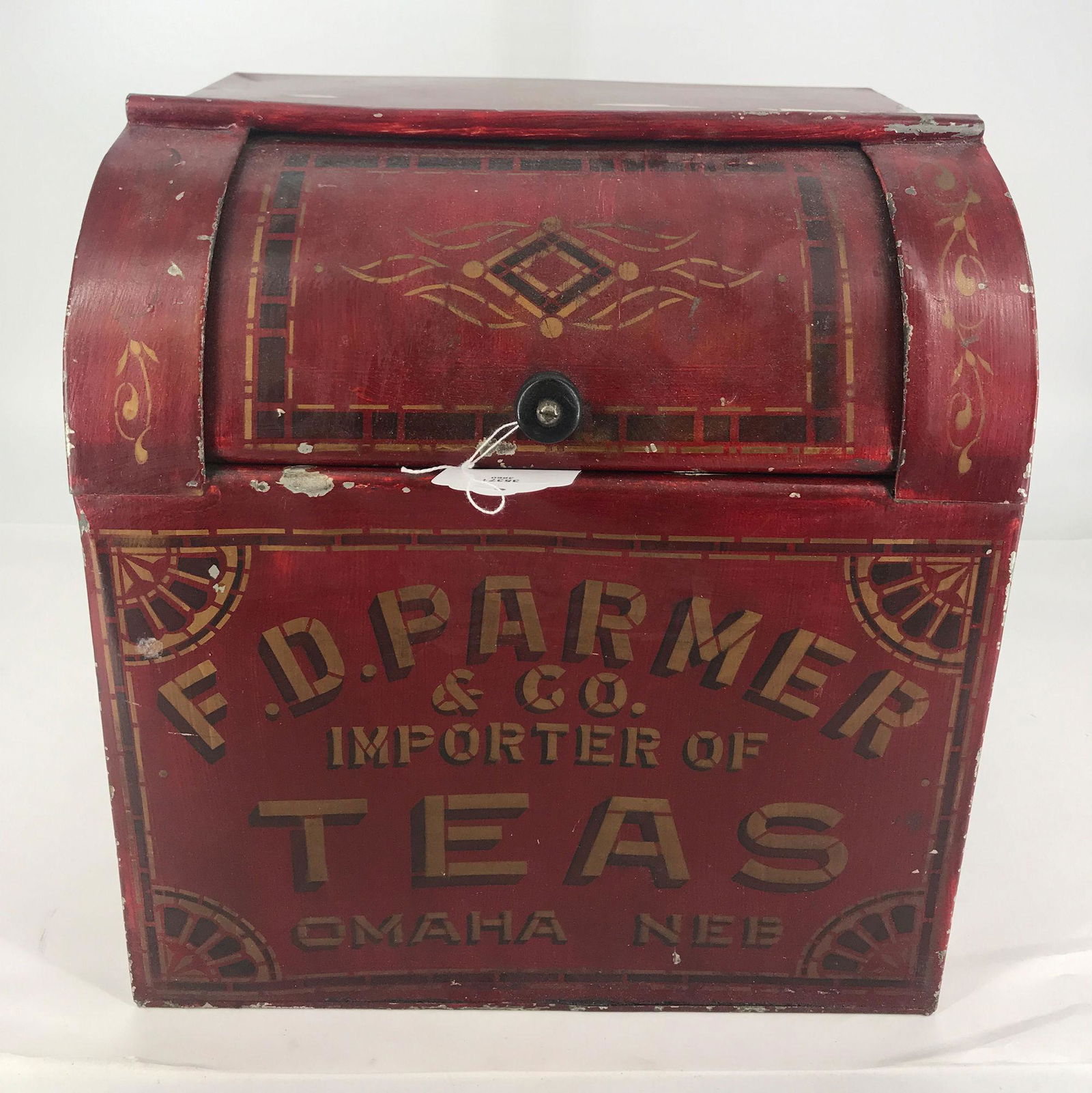 13" F.D. PARMER TIN TEA CONTAINER FROM OMAHA, NEB. (1 of 2)
